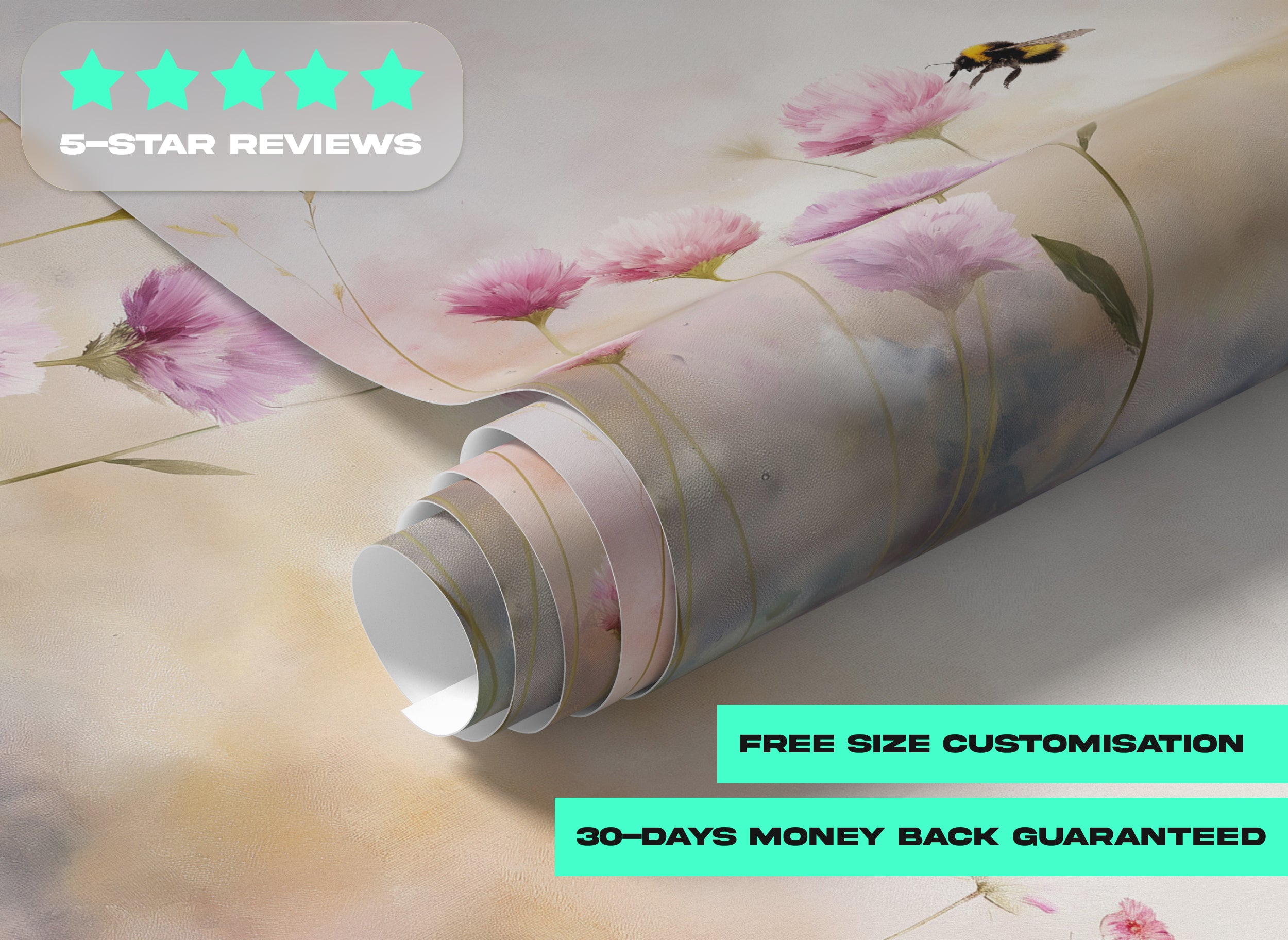 Watercolor meadow mural with pink cosmos flowers and a bumblebee in flight, soft pastels, peel-and-stick wall art for bedroom