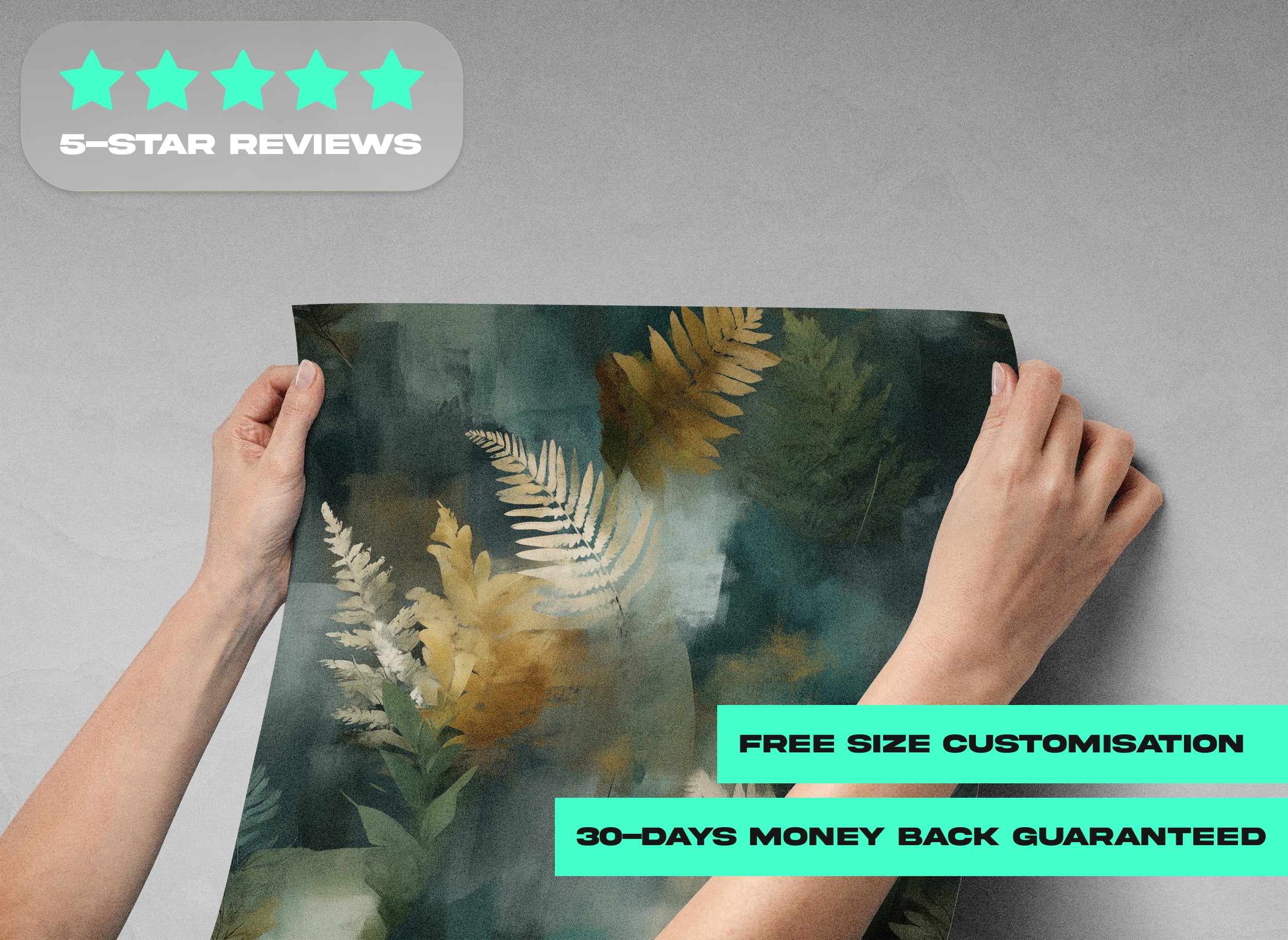 Abstract botanical wallpaper with golden ferns on teal background featuring teal and gold fern motifs in watercolor style