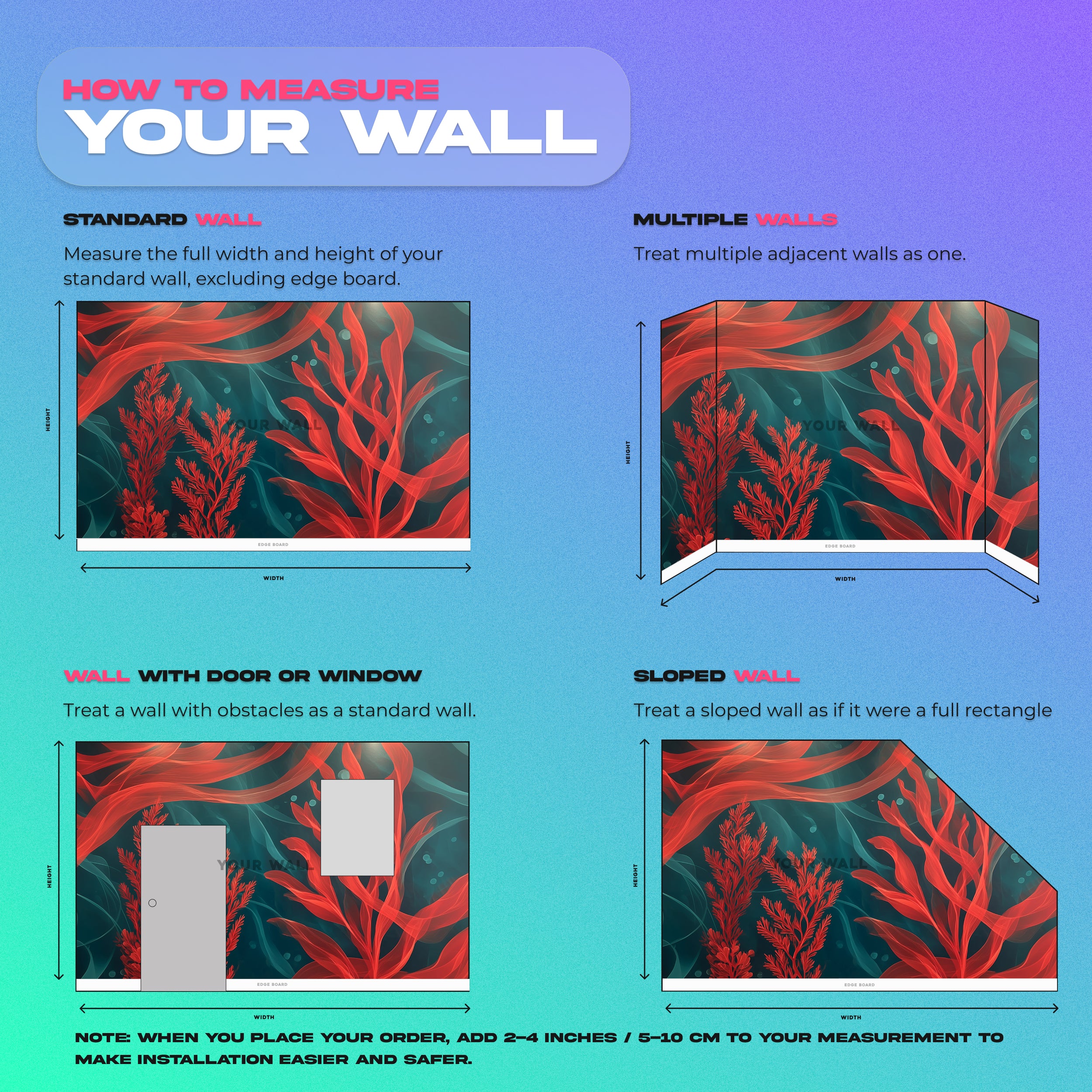 Underwater seaweed mural with red coral on teal ocean backdrop, vibrant wall art for living room decor, botanical ocean wallp