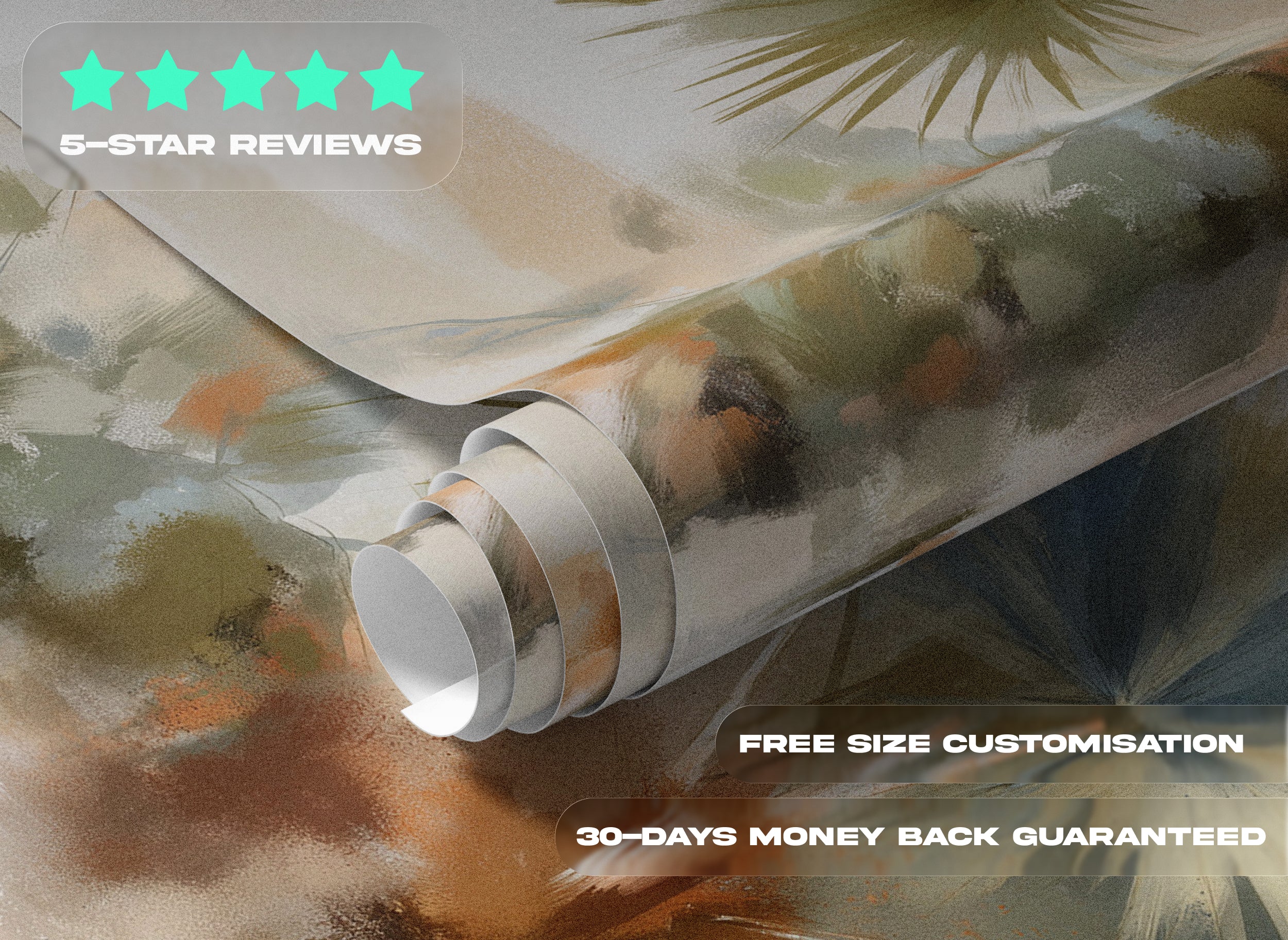 Watercolor palm tree mural with tropical botanical design in soft beige, green, and orange tones for living spaces and modern