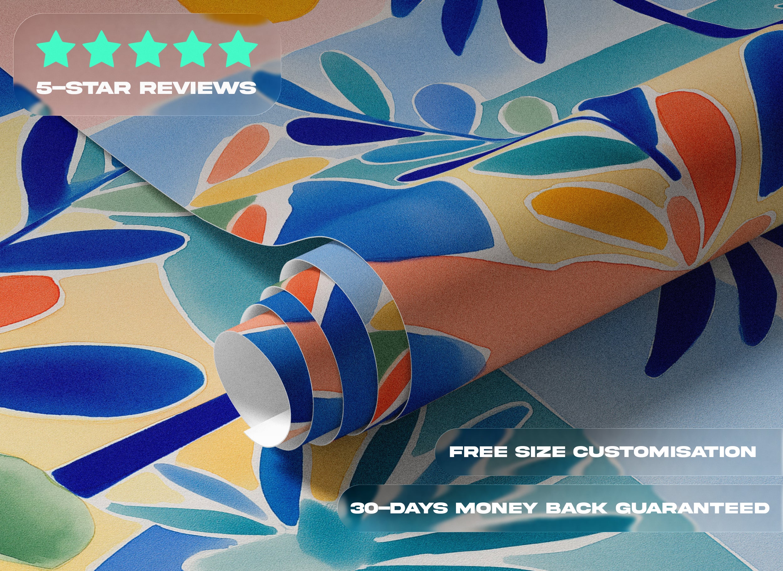 Vibrant tropical paradise mural with palm trees and exotic foliage in blues, oranges, yellows and teals in modern abstract wa