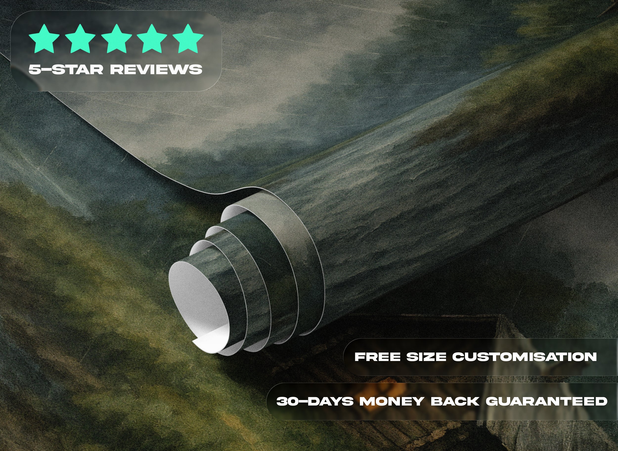Atmospheric rainy forest cabin mural with moody stormy skies, warm cabin glow, water by trees in a woodland setting