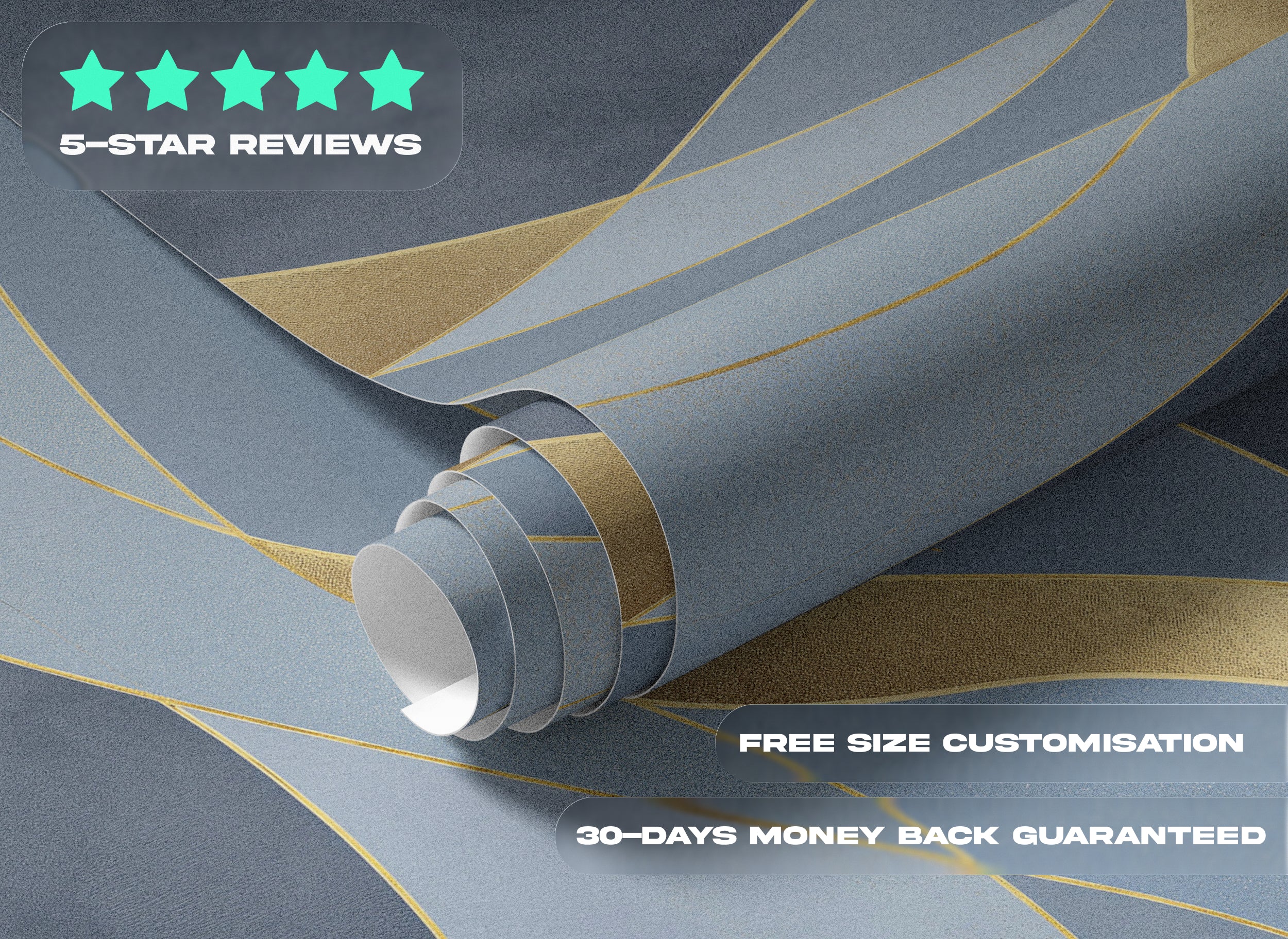Abstract golden curves mural on blue grey background with luxurious blue grey and gold abstract wall design and modern elegan
