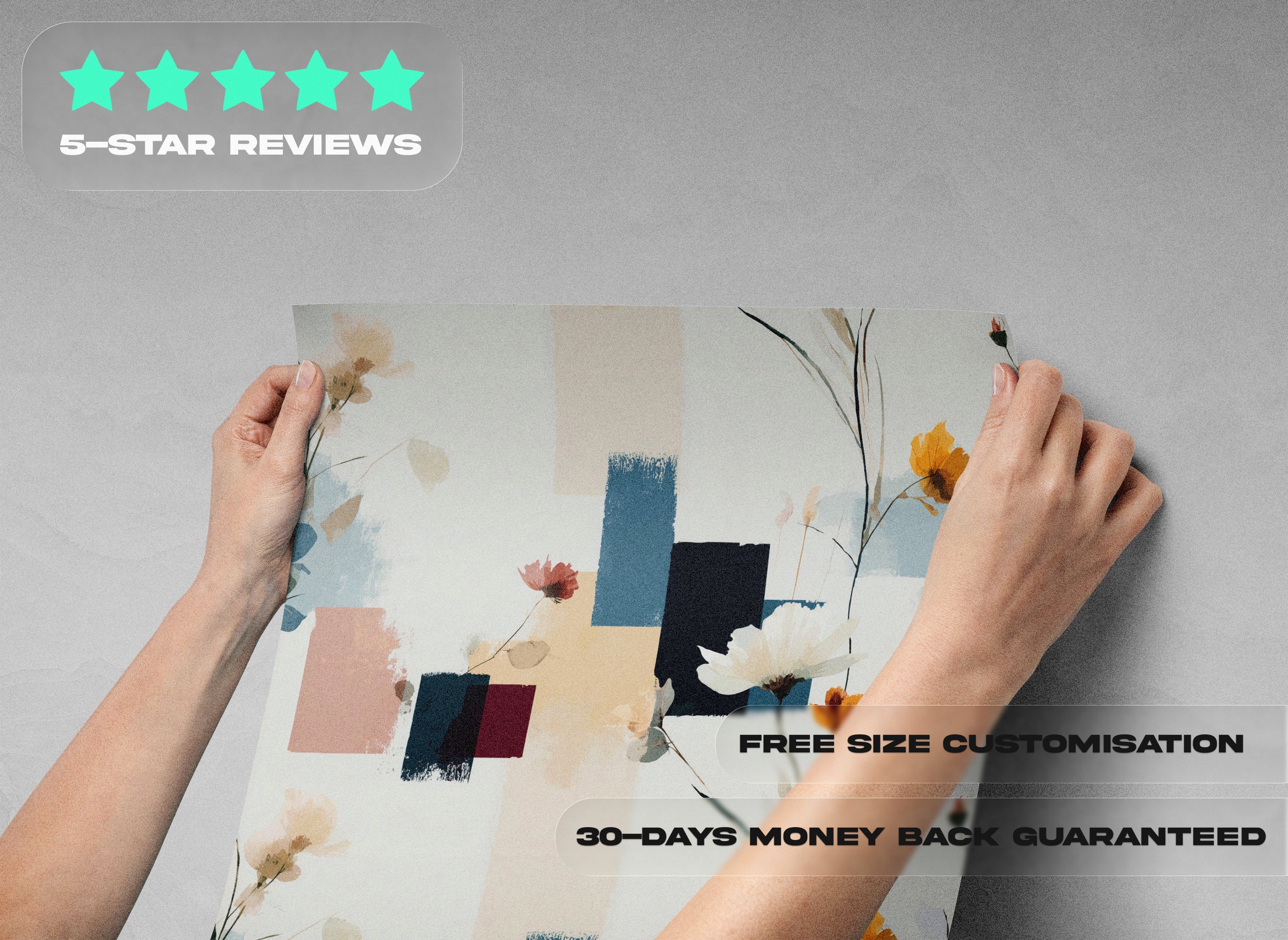 Abstract floral wallpaper with geometric shapes in navy teal burgundy and coral being held up against a light wall showing co