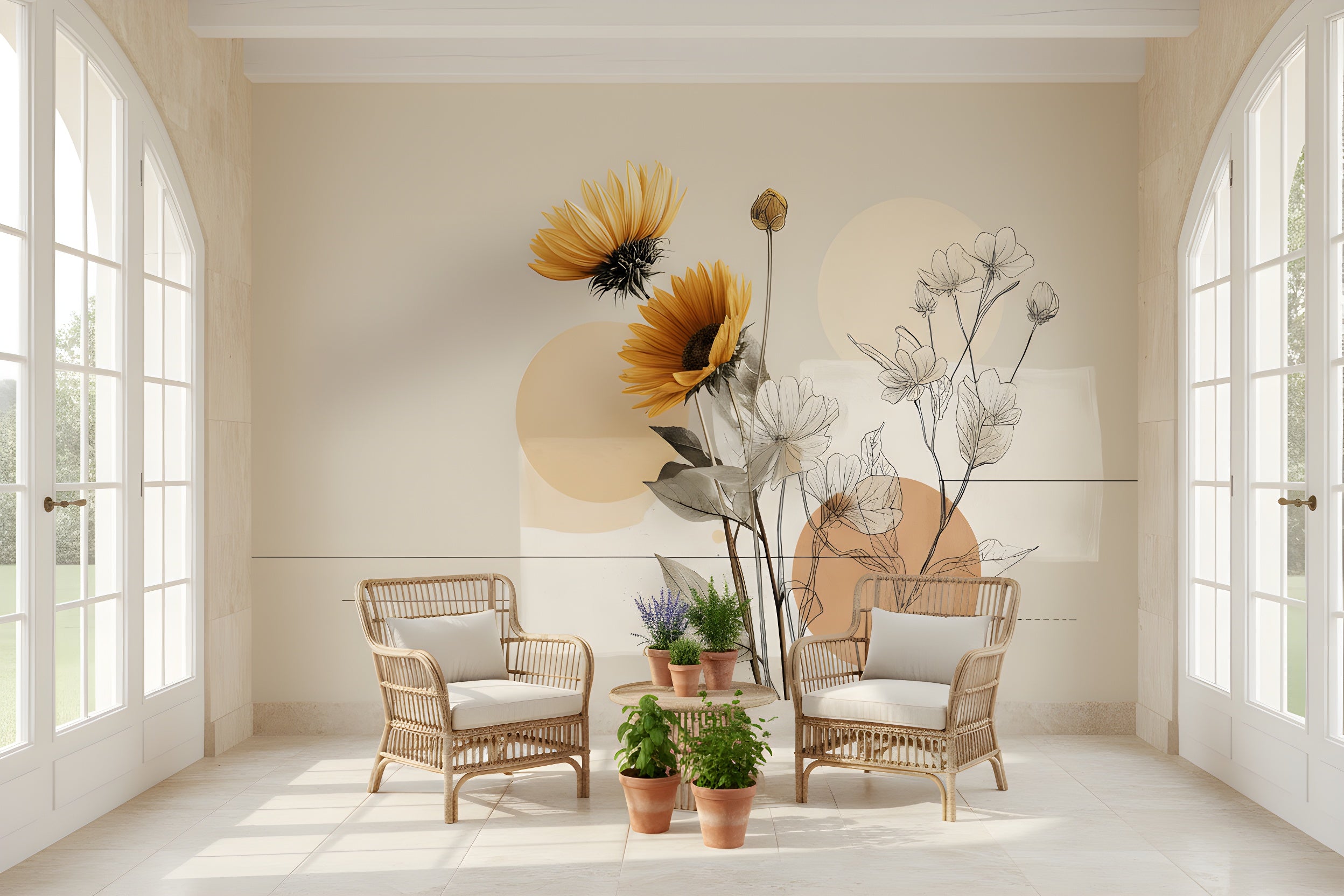 Abstract floral mural featuring orange sunflowers and black line-drawn wildflowers on a beige neutral wall with circular geometric shapes in a bright