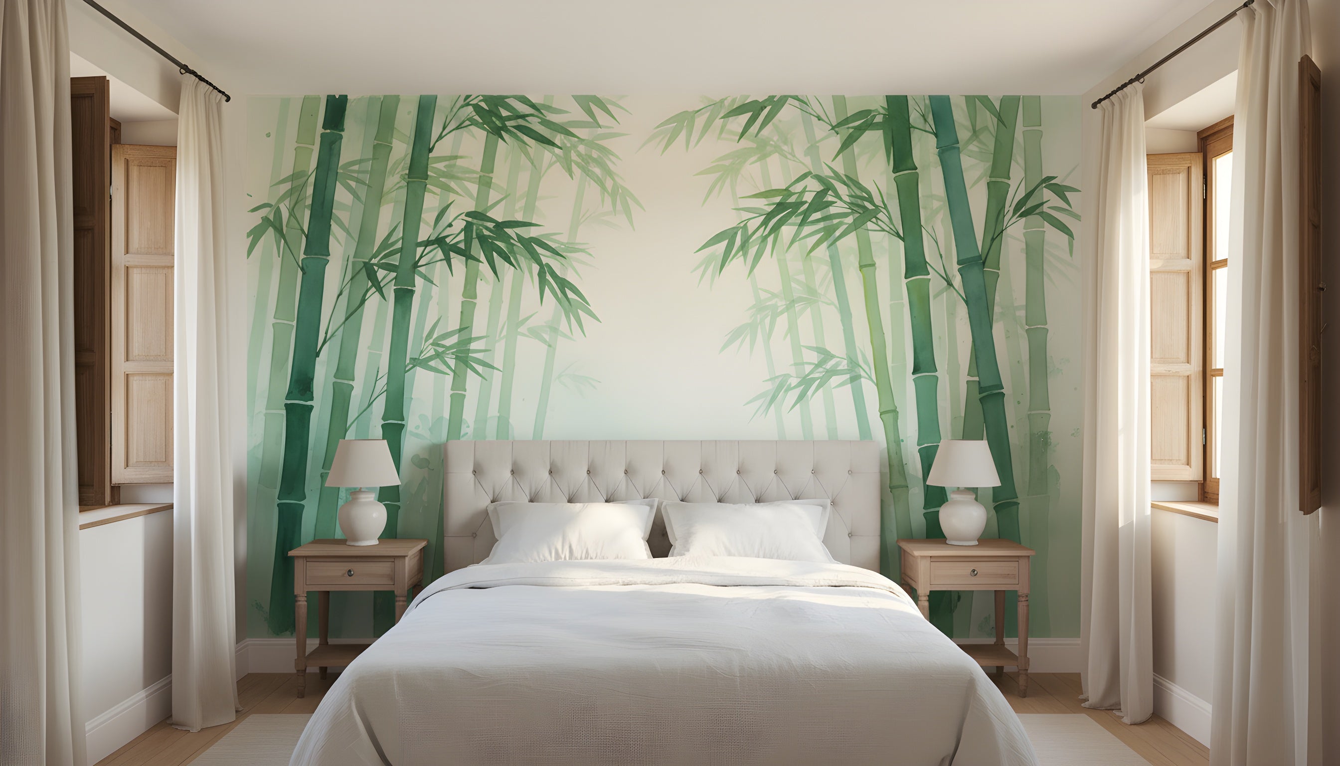 Watercolor bamboo forest mural in a serene bedroom with a tufted beige headboard, two wooden nightstands, white bedding, and pale green wall art