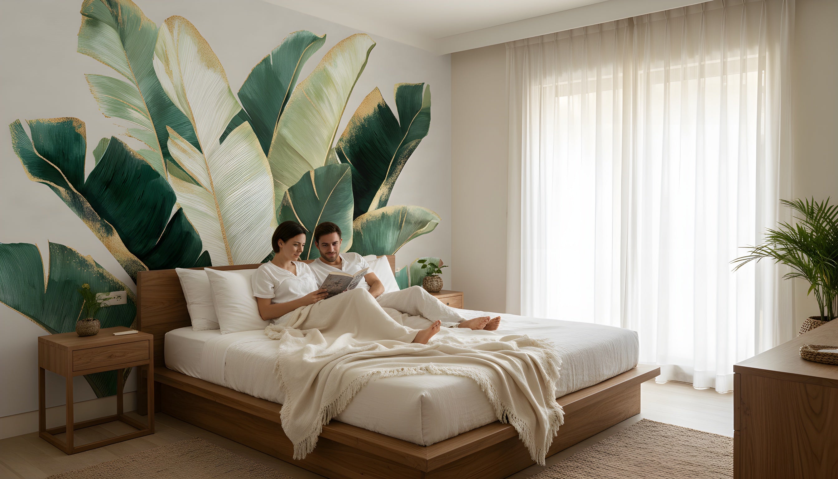 Tropical banana leaf mural in emerald greens and gold accents on a bedroom feature wall behind a wooden bed with white linens and soft natural light