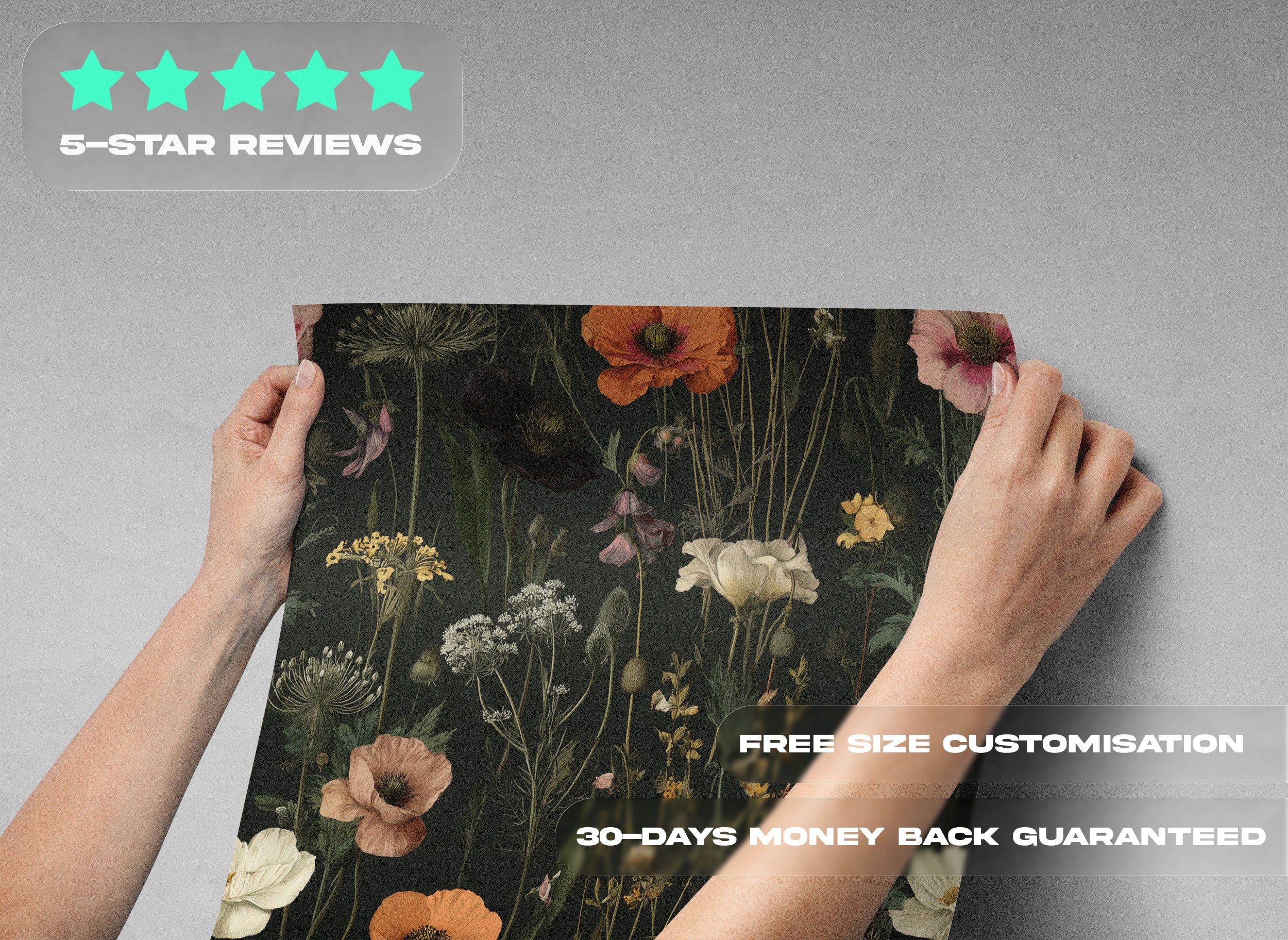 Dark moody botanical wallpaper with orange and pink wildflowers on a deep green background being held up for a close look, sh