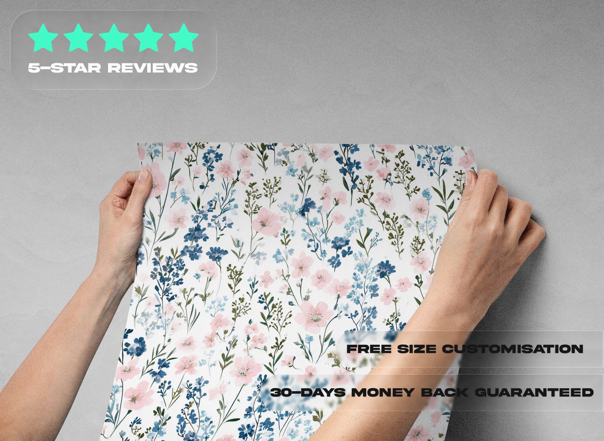 Peel and stick wildflower meadow wallpaper with pink blue blossoms and green stems on white background, botanical floral deco