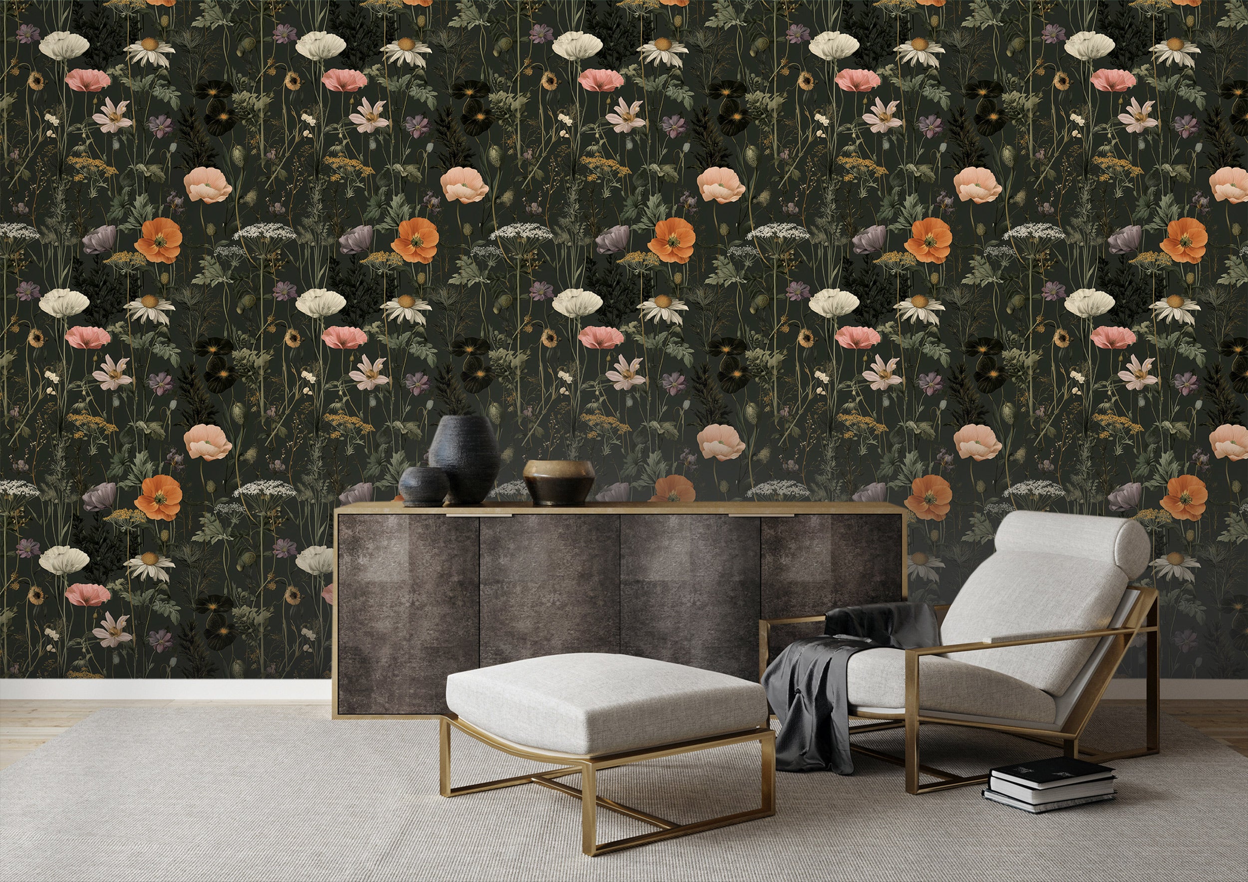 Dark green botanical wallpaper with wildflowers and coral accents in a modern living room with a dark cabinet and beige seati