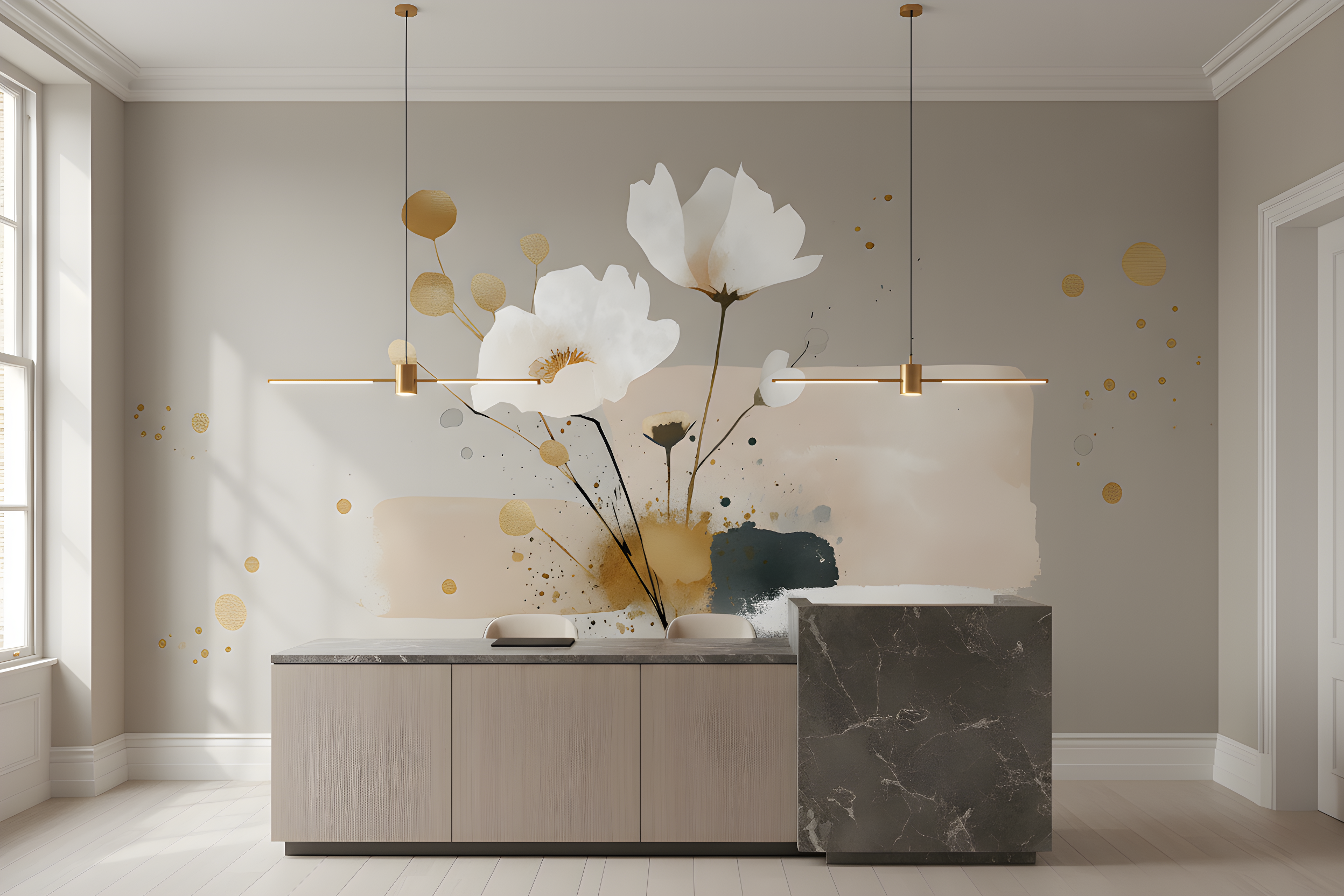 Abstract floral mural with white cosmos flowers and gold accents in a modern beige-gray showroom, watercolor backdrop, peel and stick wall art style