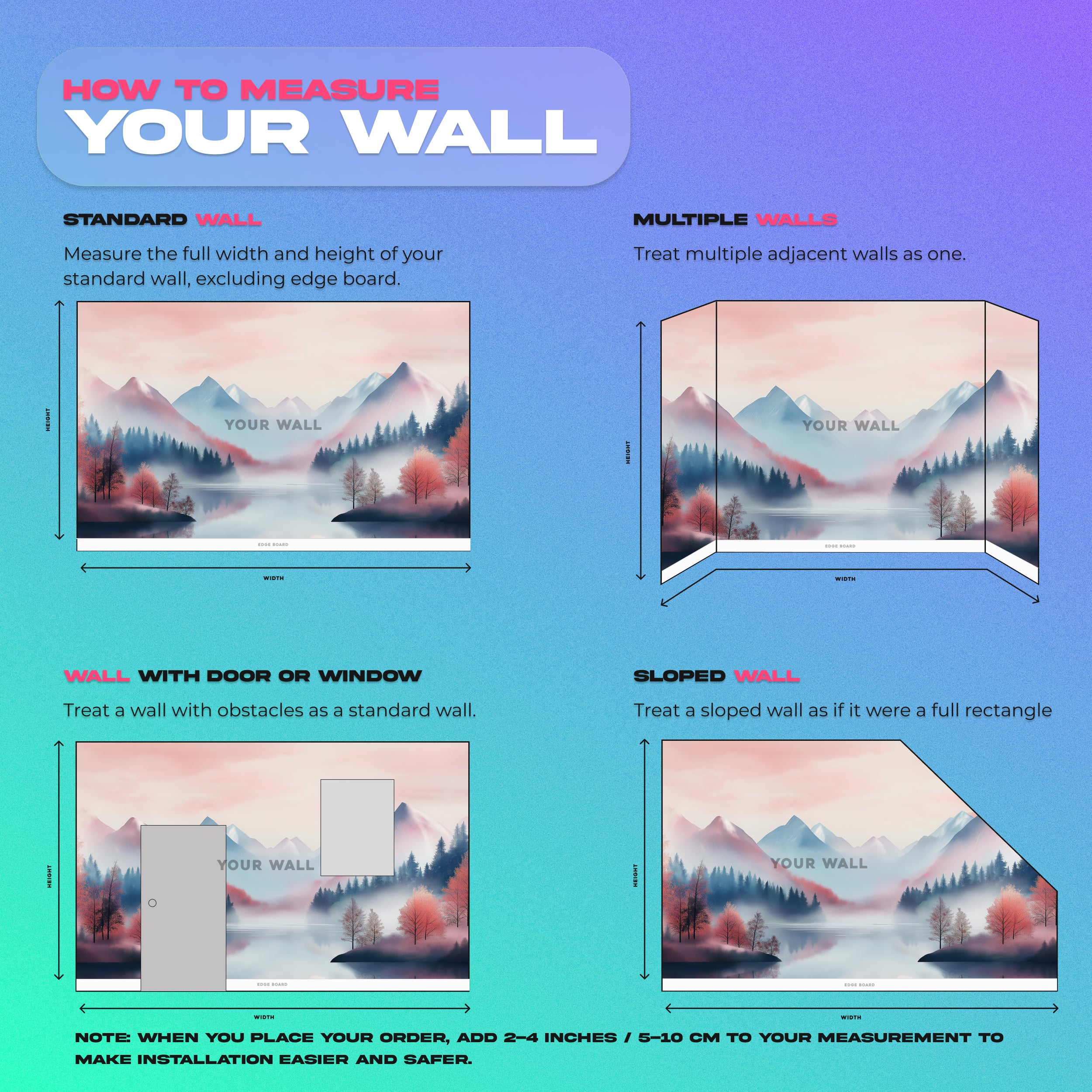 Serene Mountain Lake mural with pastel pink and blue mountains, misty lake reflections, autumn trees, and tranquil nature wal