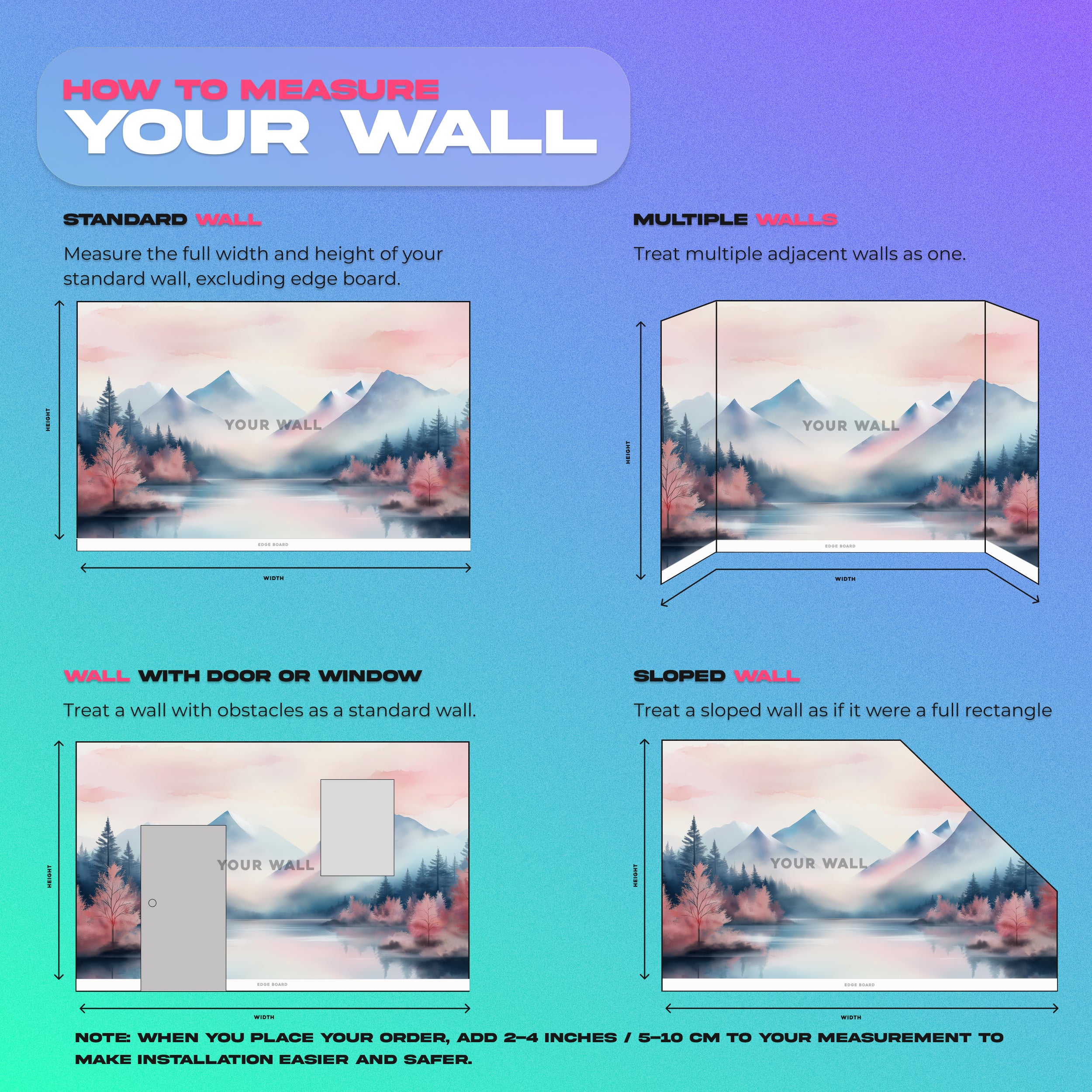 Pink mountain lake mural with watercolor style, pink autumn trees and blue-gray mountains in a serene living space backdrop