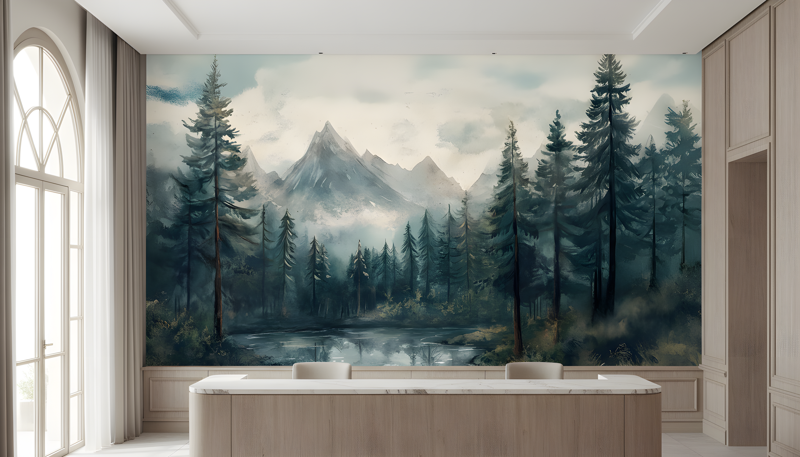 Serene mountain forest lake mural with evergreen trees, misty peaks, and a reflective lake in watercolor style for a tranquil living room wall décor