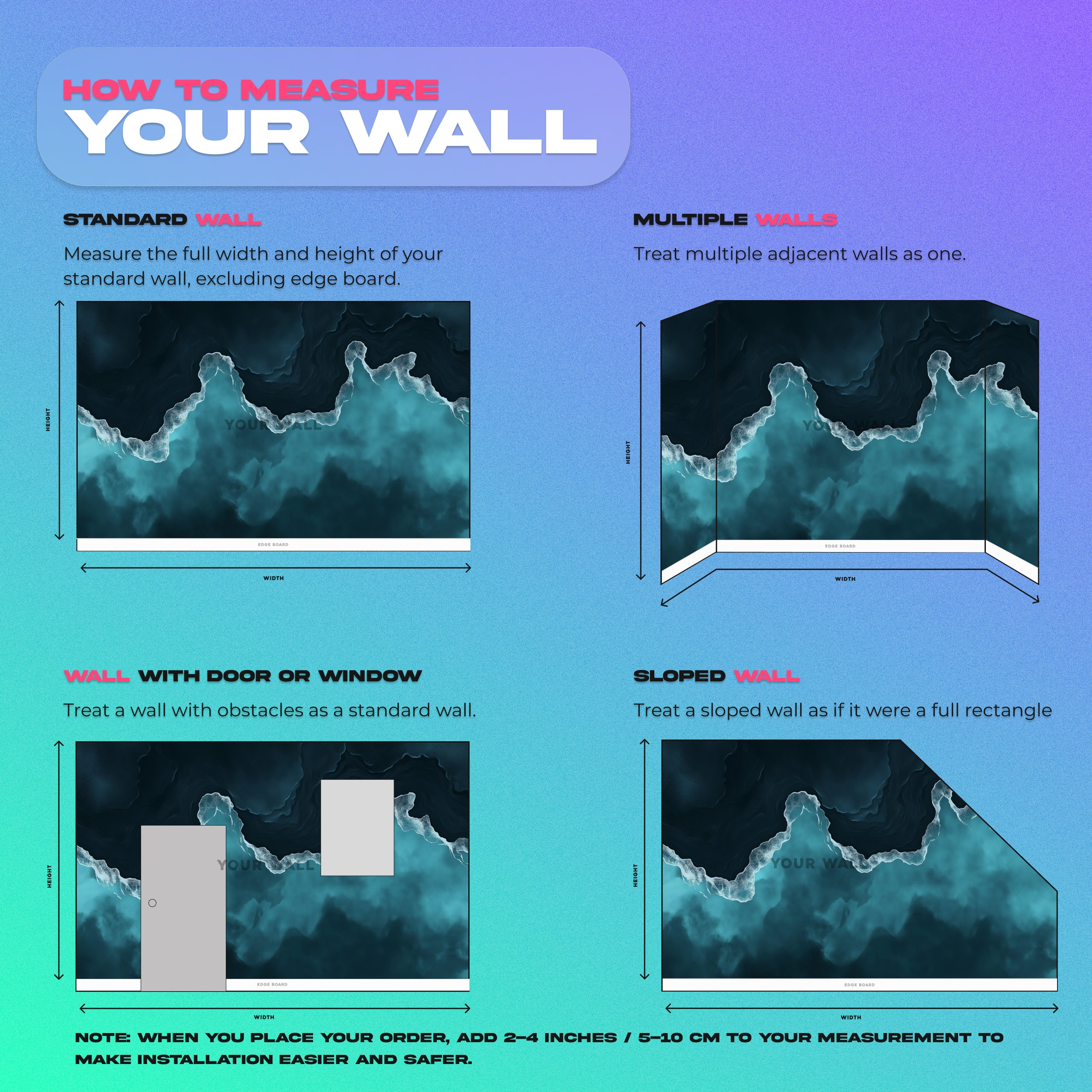Ocean waves mural in turquoise and navy blue on a coastal wall, showing peel and stick, bold ocean patterns, and a calm bedro