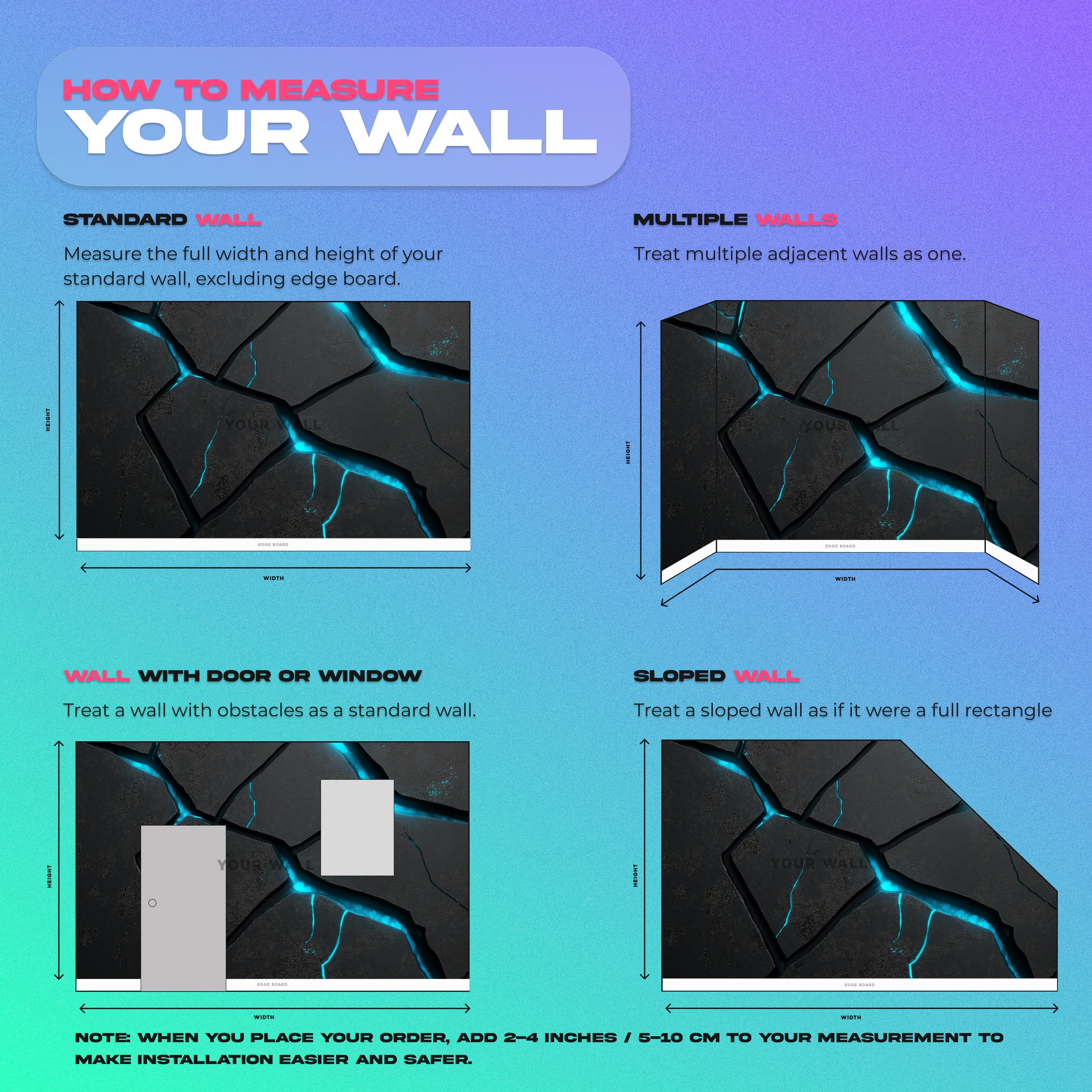 Cracked stone mural with cyan blue illumination in a modern industrial living room style wall art with glowing cracks and pee