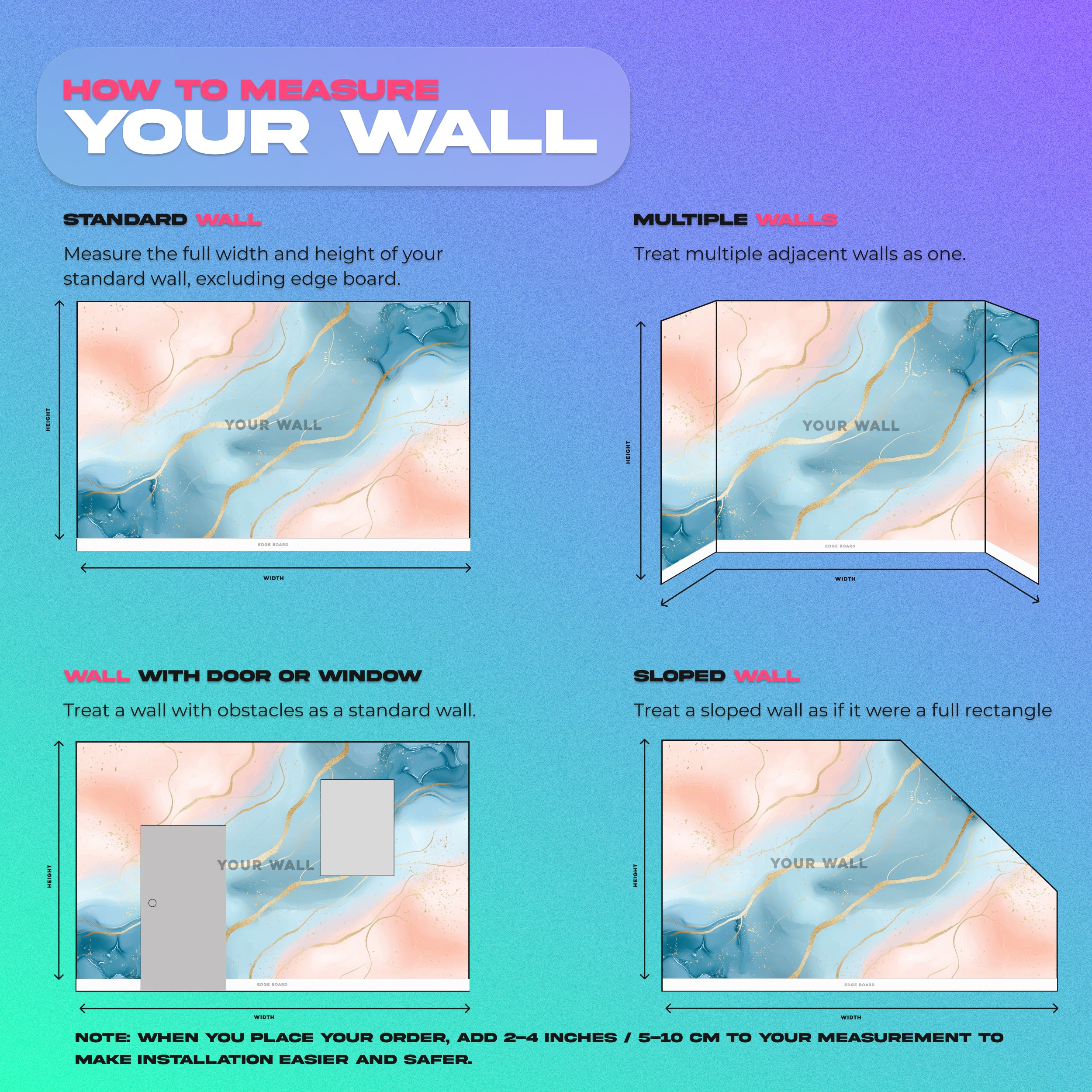 Blue pink abstract mural with gold veining in watercolor style for living room wall, premium self-adhesive peel and stick mur