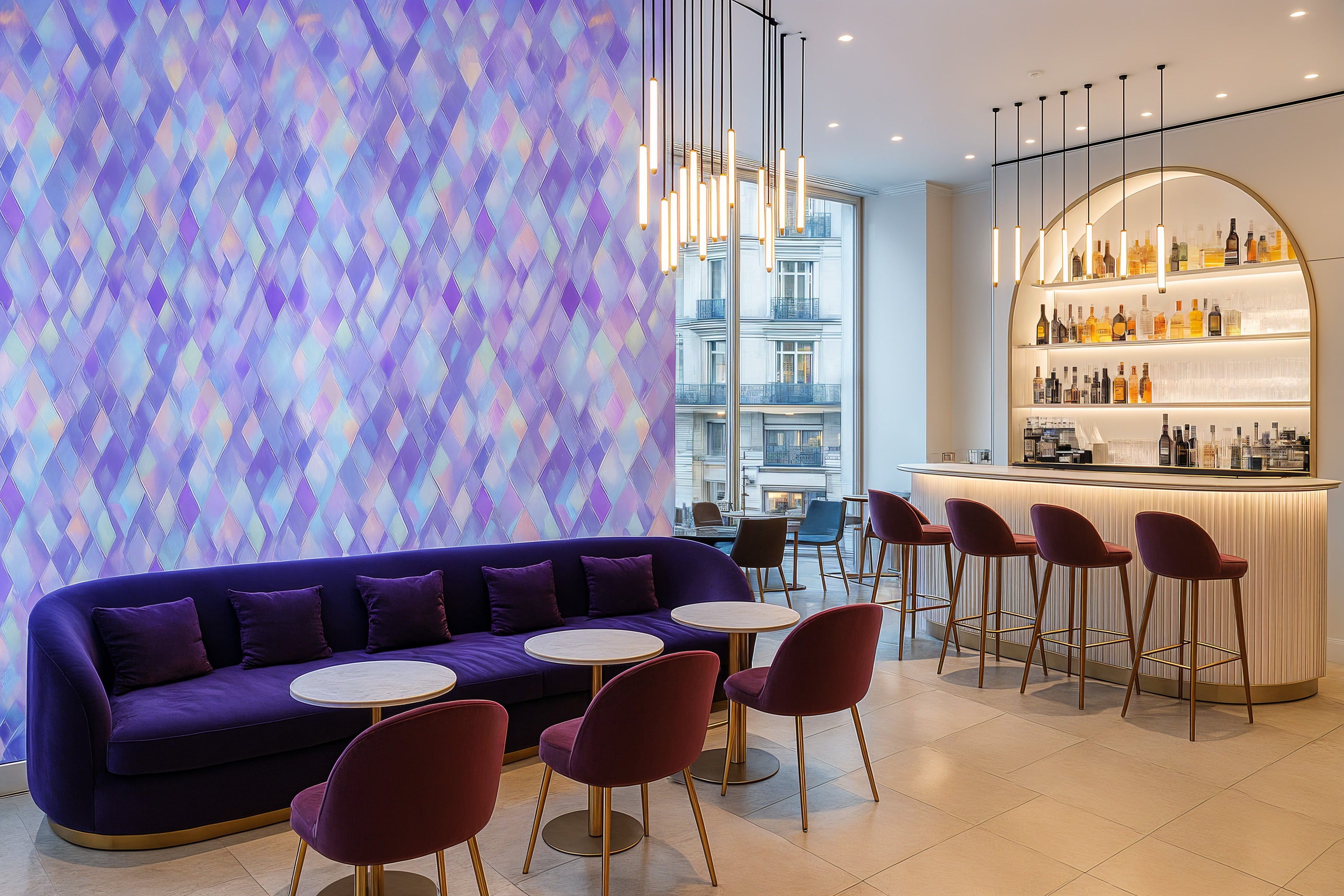 Vibrant bar lounge with purple holographic diamond wallpaper, purple velvet sofa, gold accents, and a curved backlit bar with