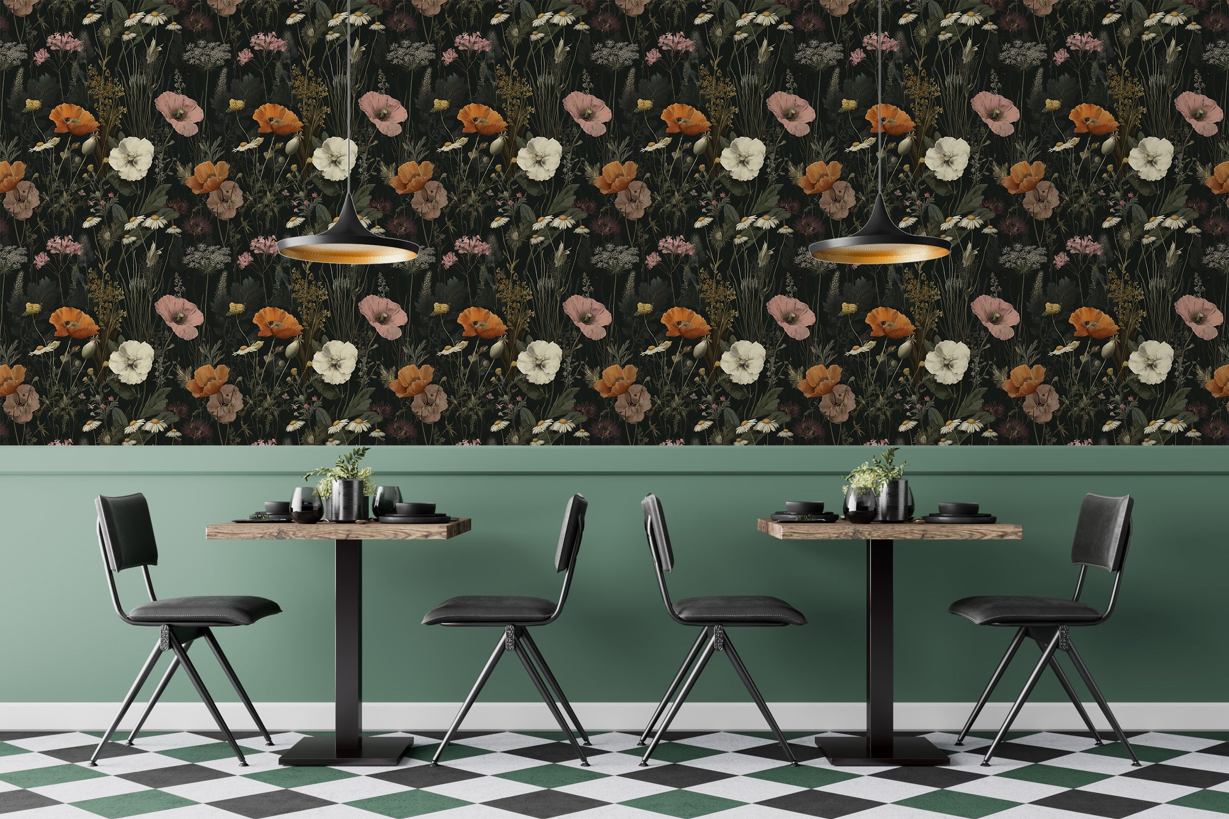 Dark botanical floral wallpaper with orange, white, and pink poppies and wildflowers on a deep backdrop in a stylish dining n