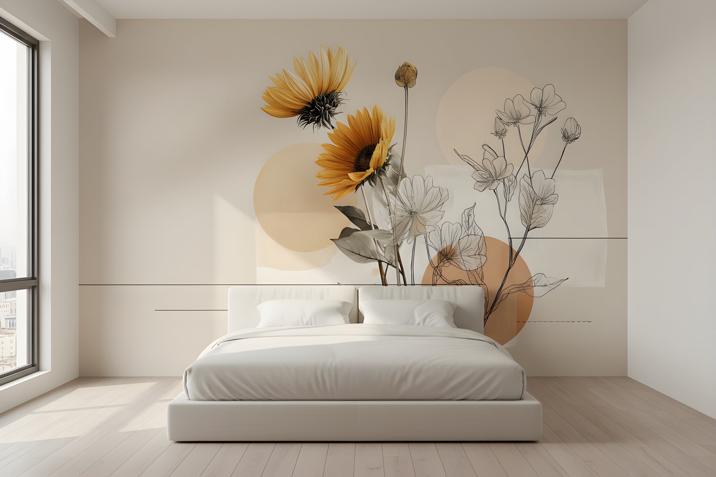 Abstract floral mural in a neutral bedroom features orange sunflowers with geometric circles and line-drawn blooms behind a white bed in a modern