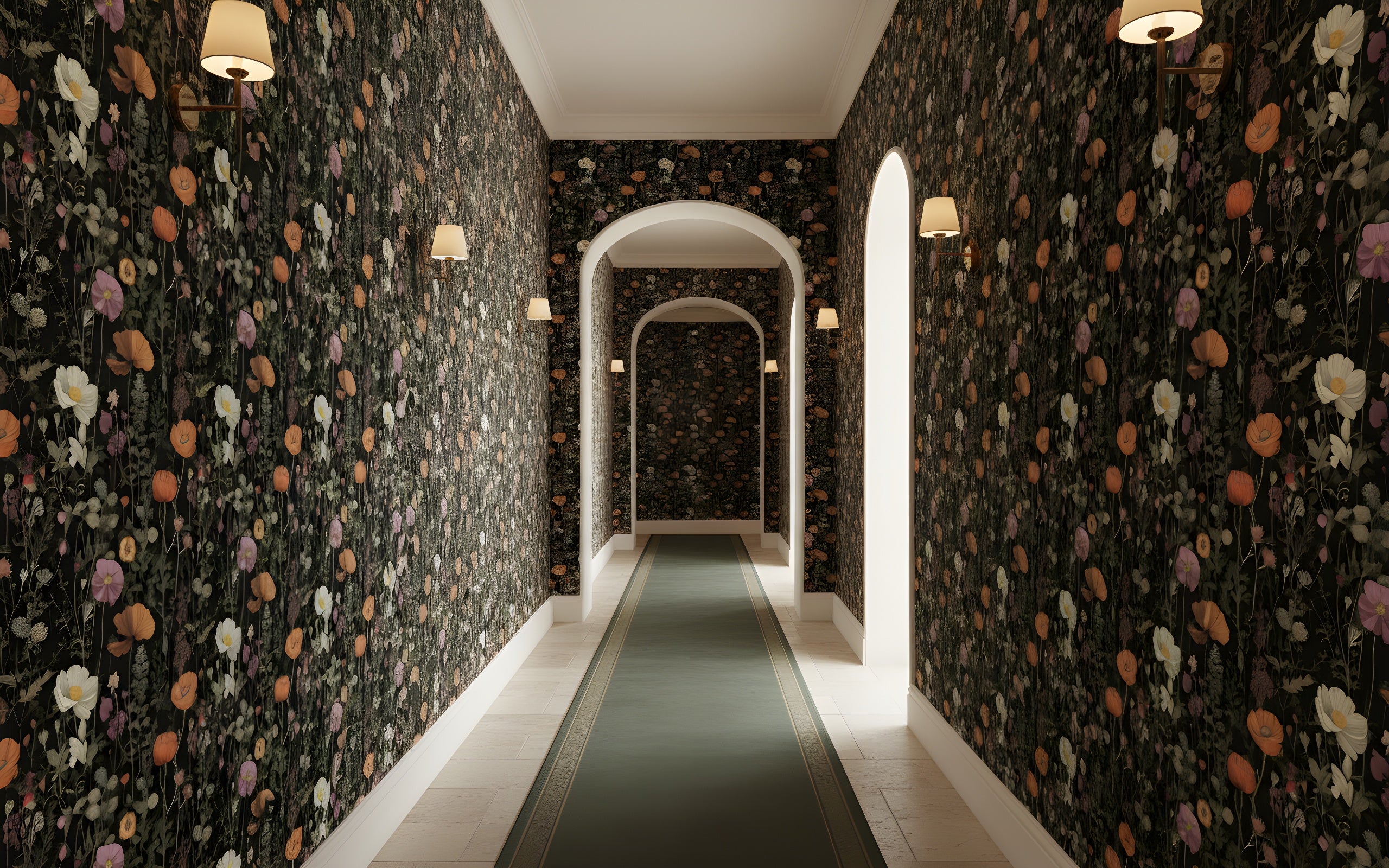 A dim, elegant hallway lined with dark floral wallpaper featuring orange, pink, and white poppies on black with arched doorways and soft wall sconces