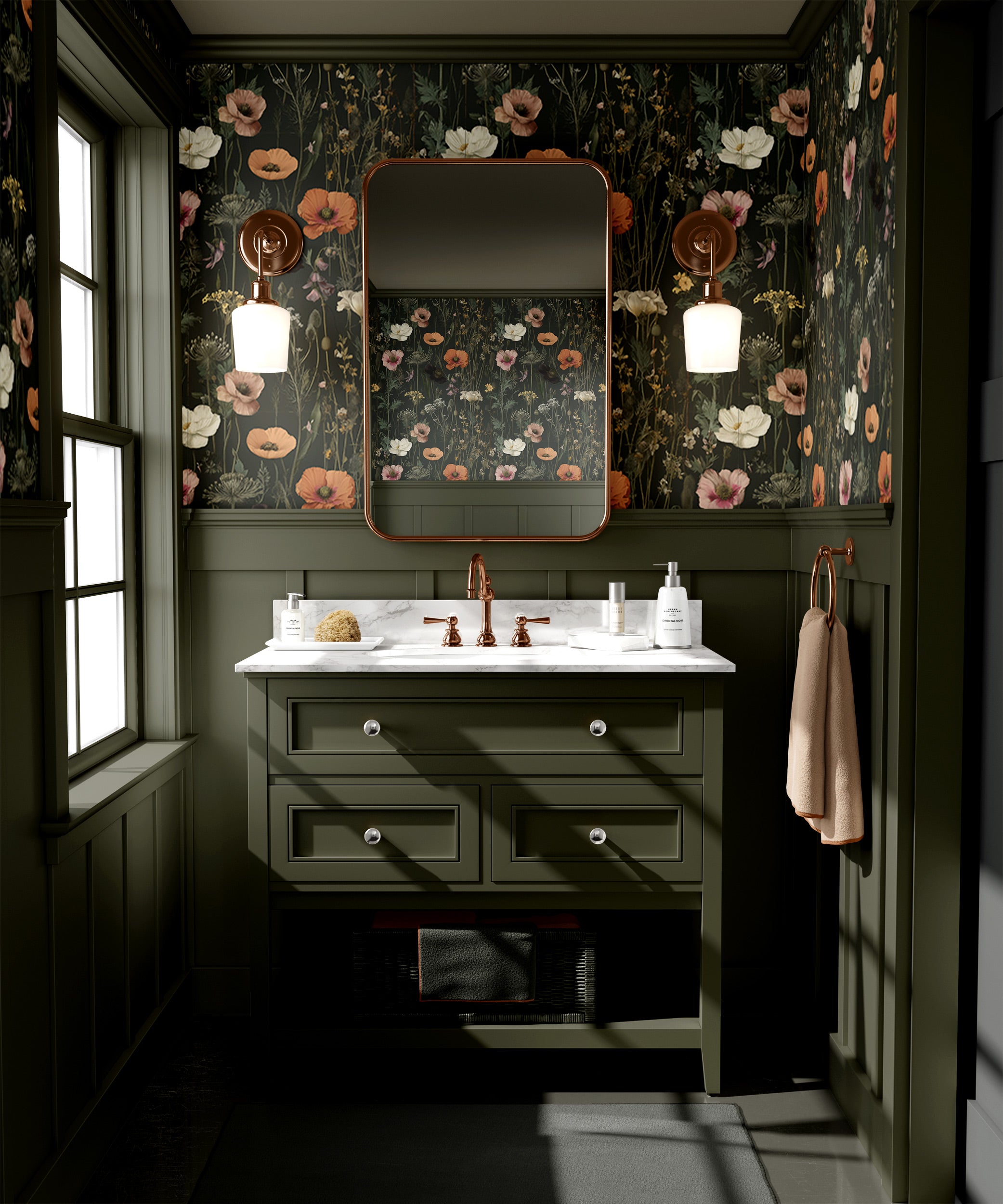 Dark Moody botanical bathroom with green vanity, floral wallpaper, copper fixtures, marble countertop and matching mirror acc
