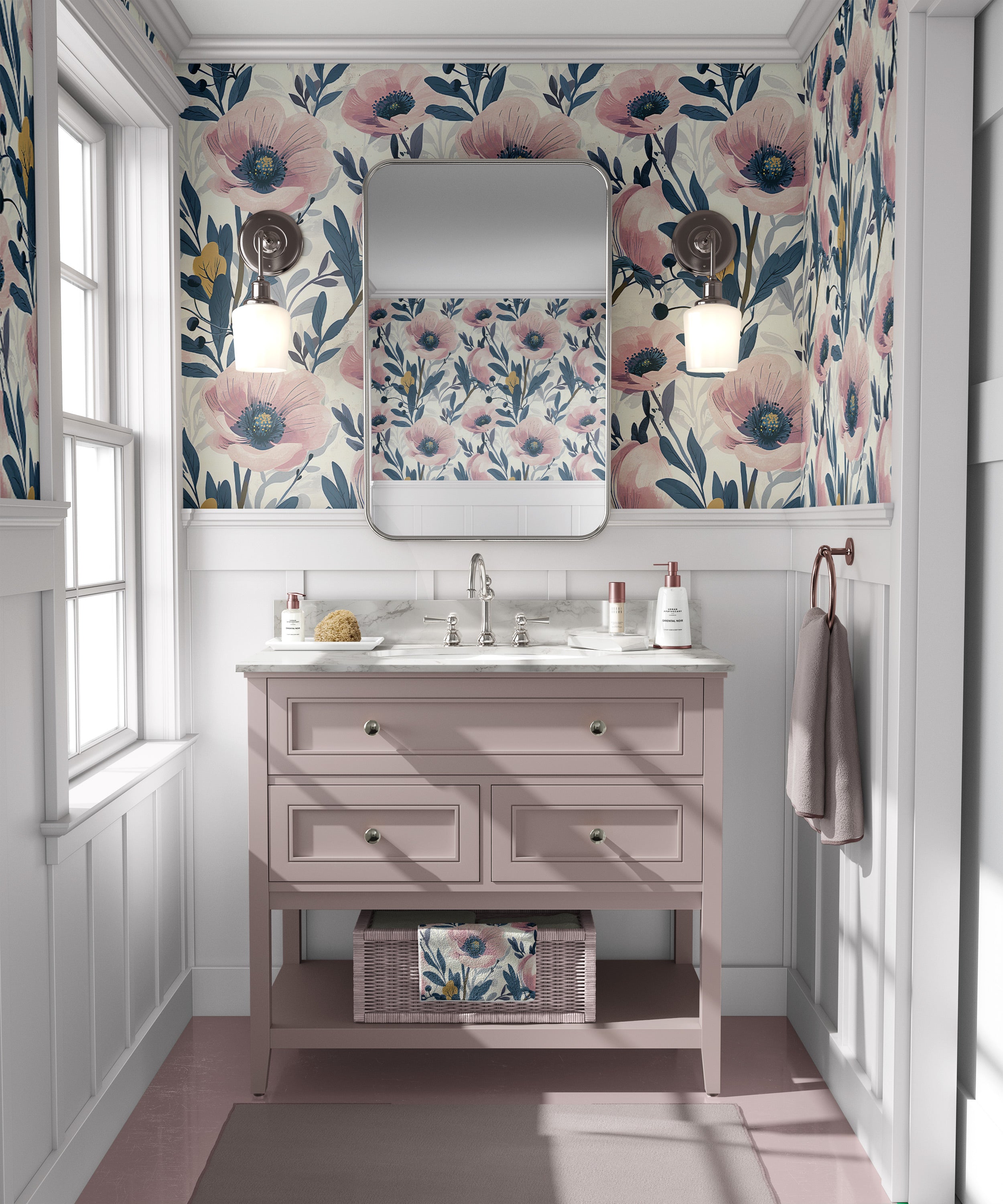 Pink floral wallpaper for bathroom