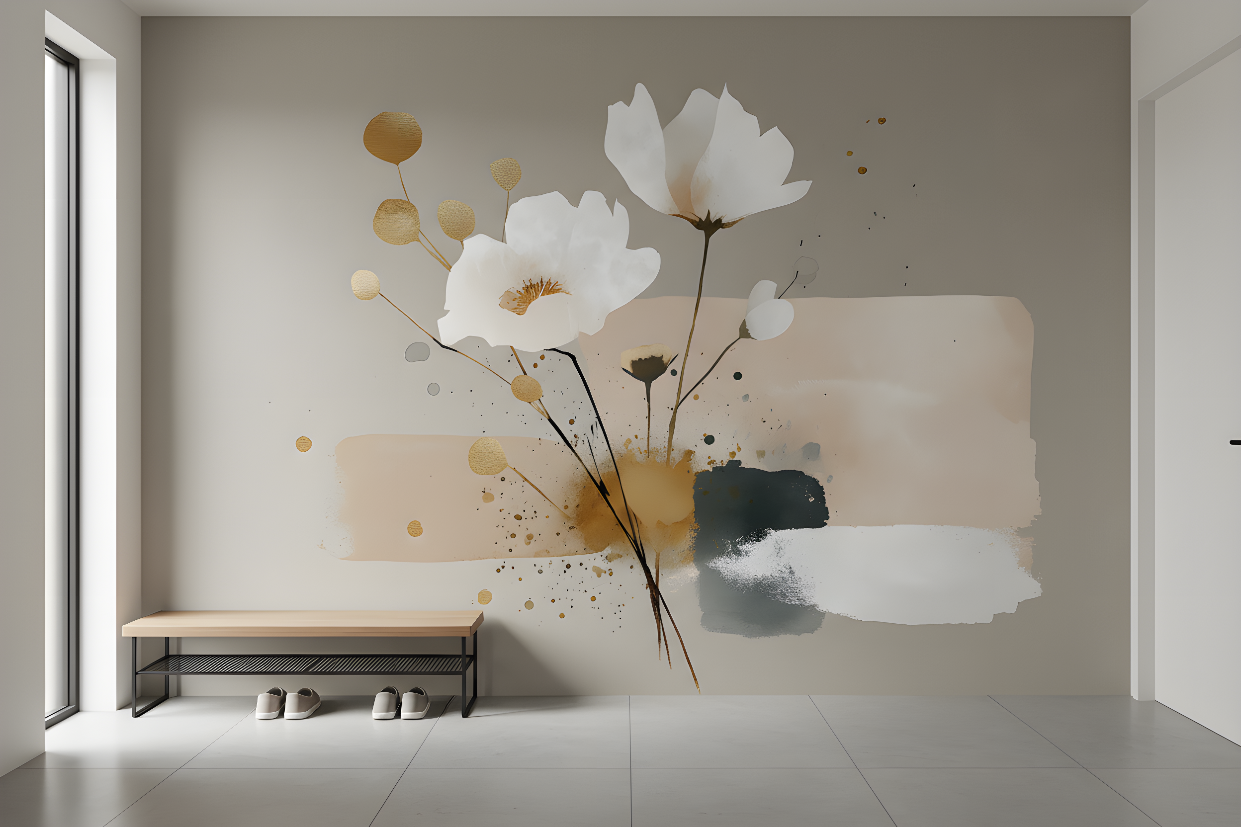 Abstract floral mural with white cosmos flowers and beige teal gold watercolor splashes on a taupe wall, modern peel and stick wall art for living room