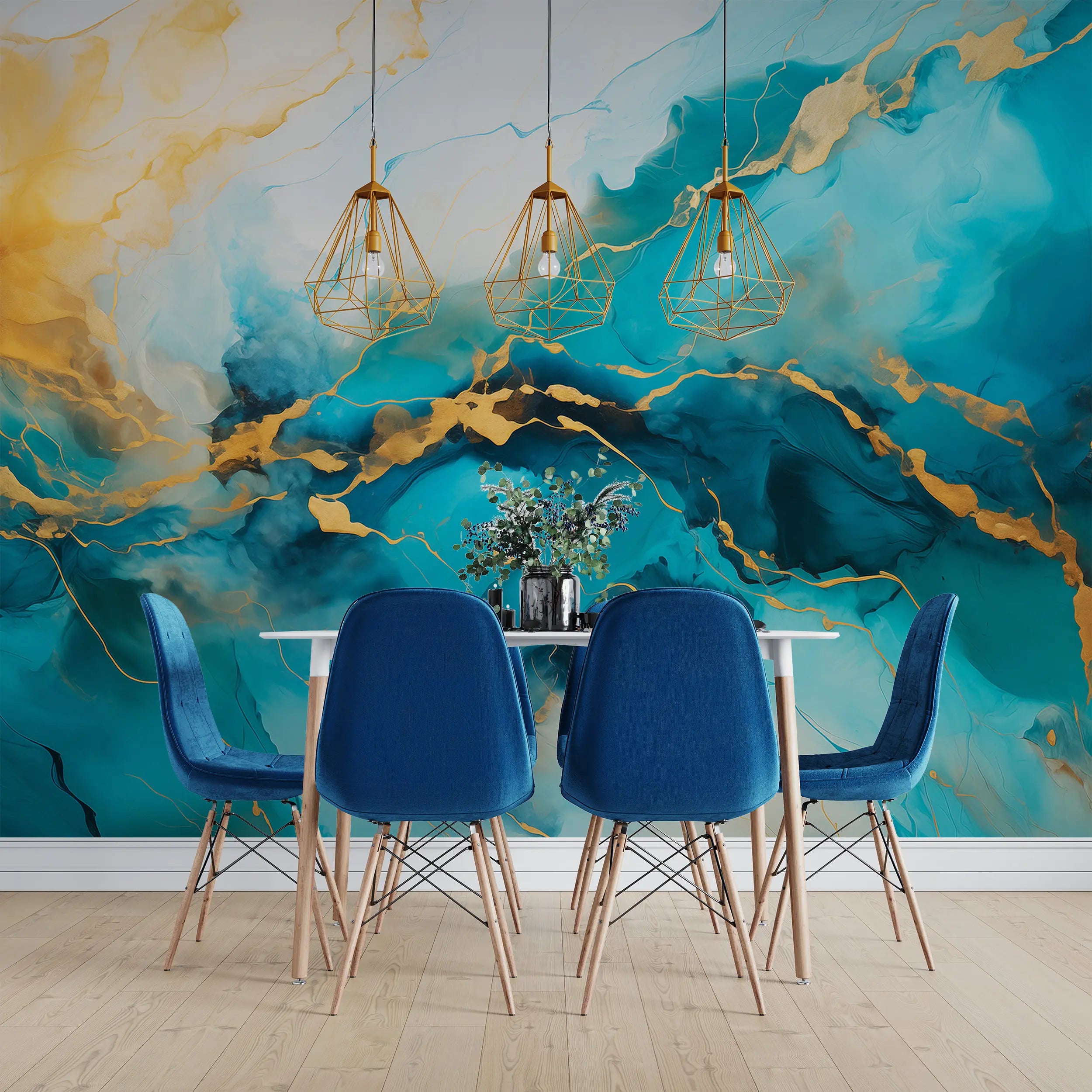 Artistic Teal and Gold Wall Mural