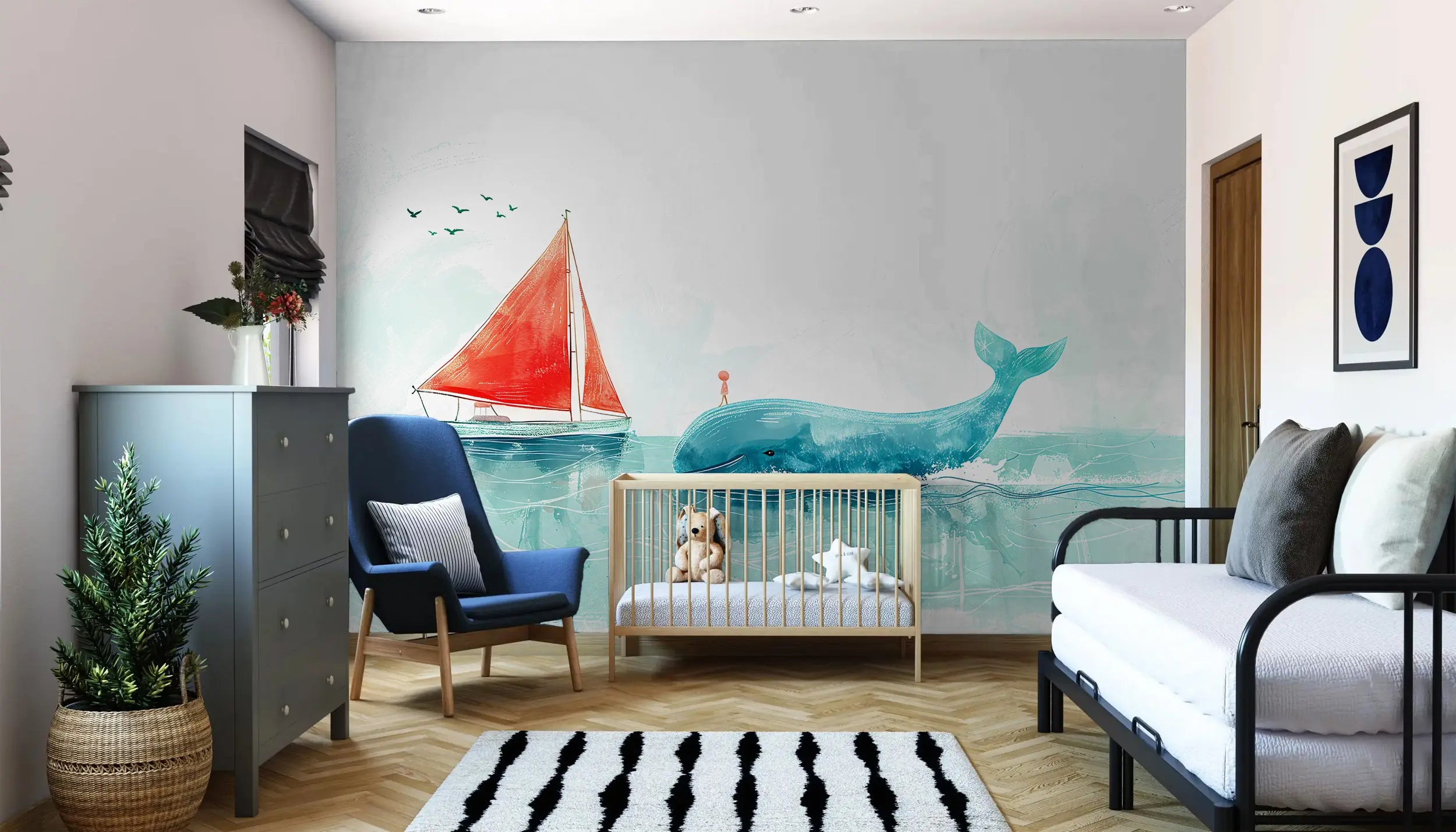 Watercolour sailboat and whale mural