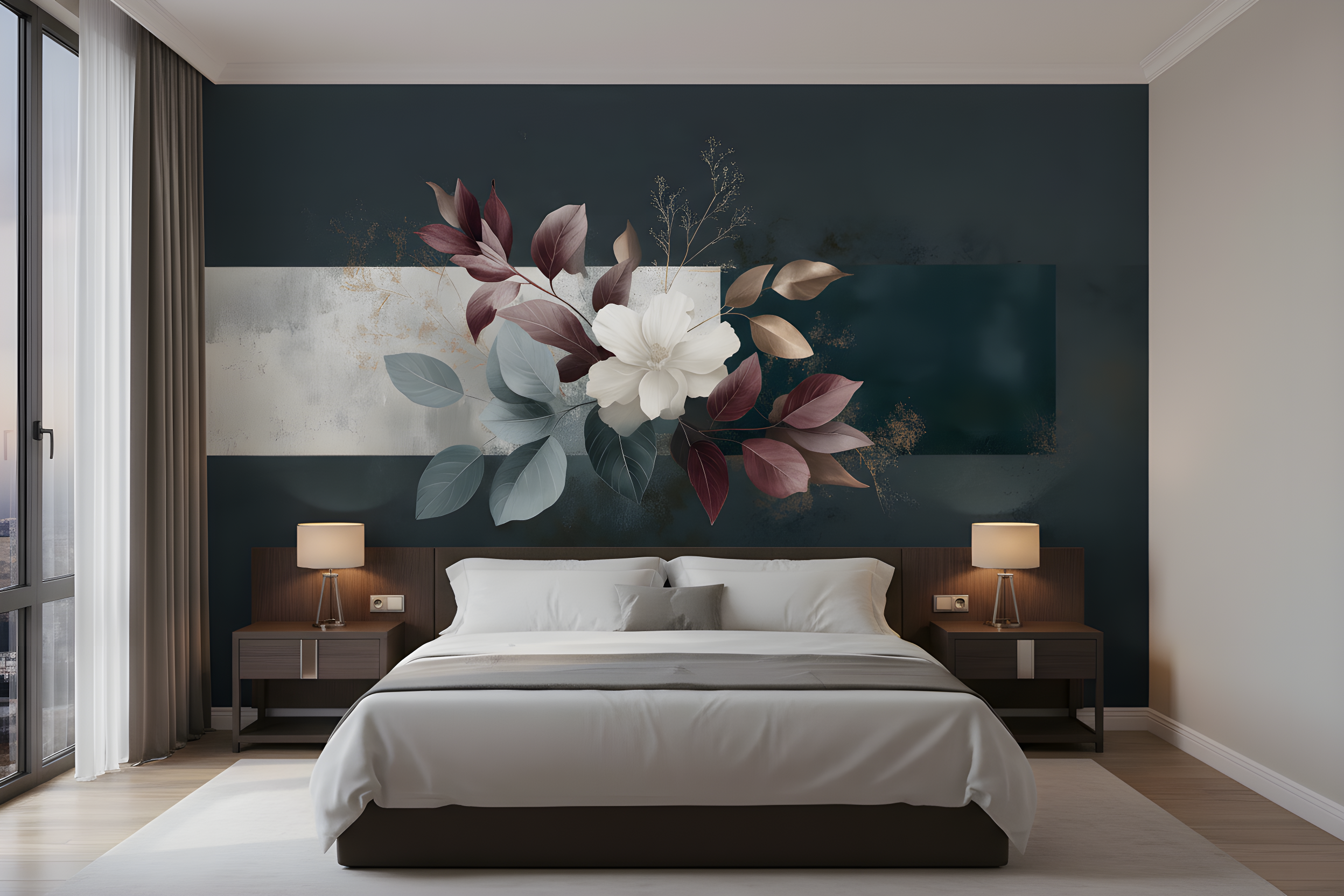 Dark elegant botanical mural with white magnolia bloom and burgundy, sage green, bronze leaves on a deep teal wall behind a modern bedroom setup with