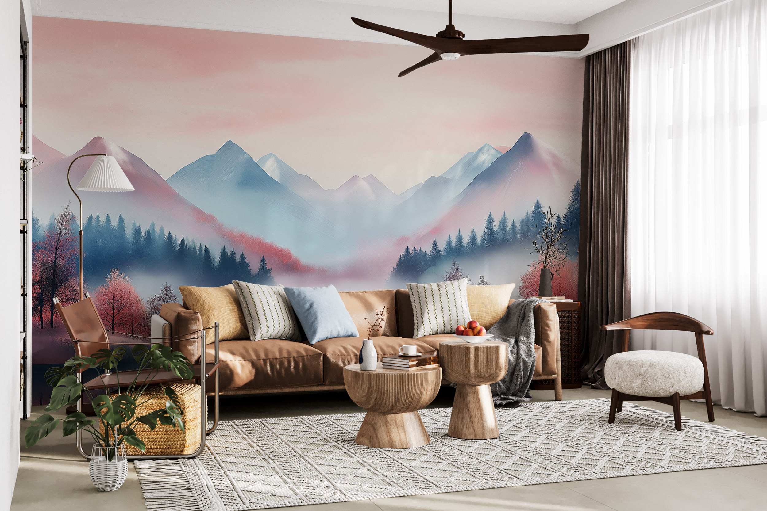 Serene mountain lake mural in a pastel pink and blue dawn, misty peaks, autumn trees, and cozy living room setup with brown s