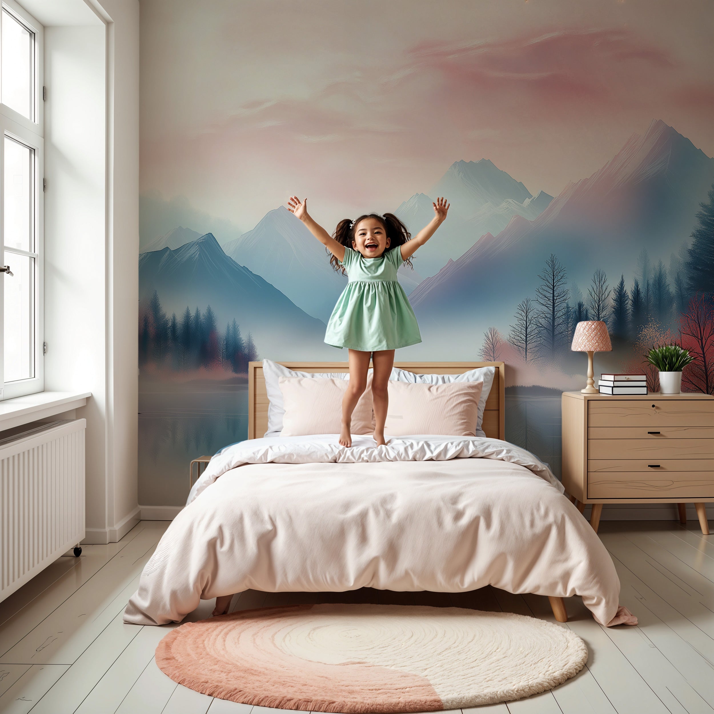 Pink Mountain Lake mural in a bright bedroom with a girl jumping on the bed, pastel pink/blue mountains and serene lake backd