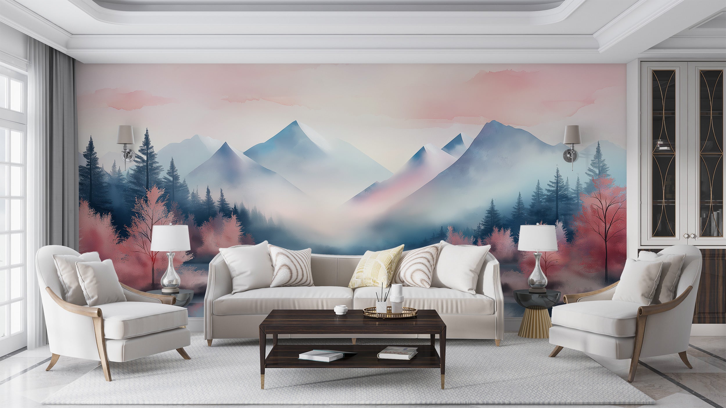 Pink mountain lake mural in a pastel watercolor style with misty blue peaks, pink trees, and serene reflective water on a liv
