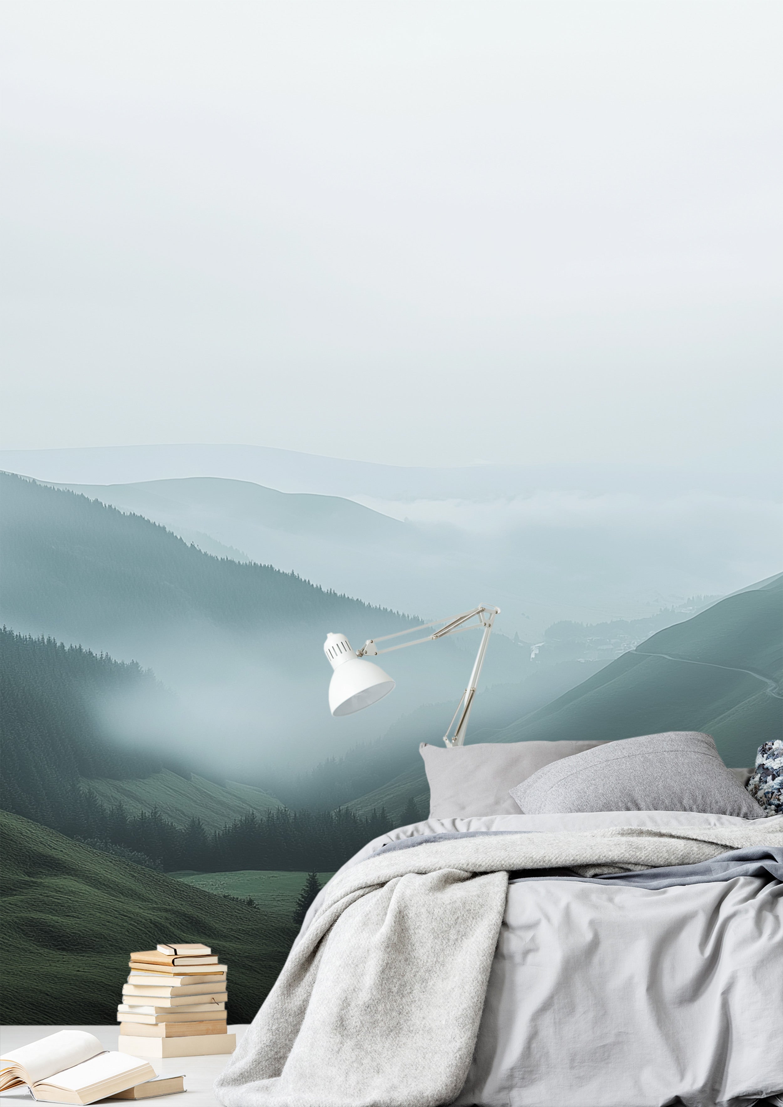 Misty mountain valley mural in a cozy bedroom setting with rolling green hills, fog, and a reading nook featuring a white adj