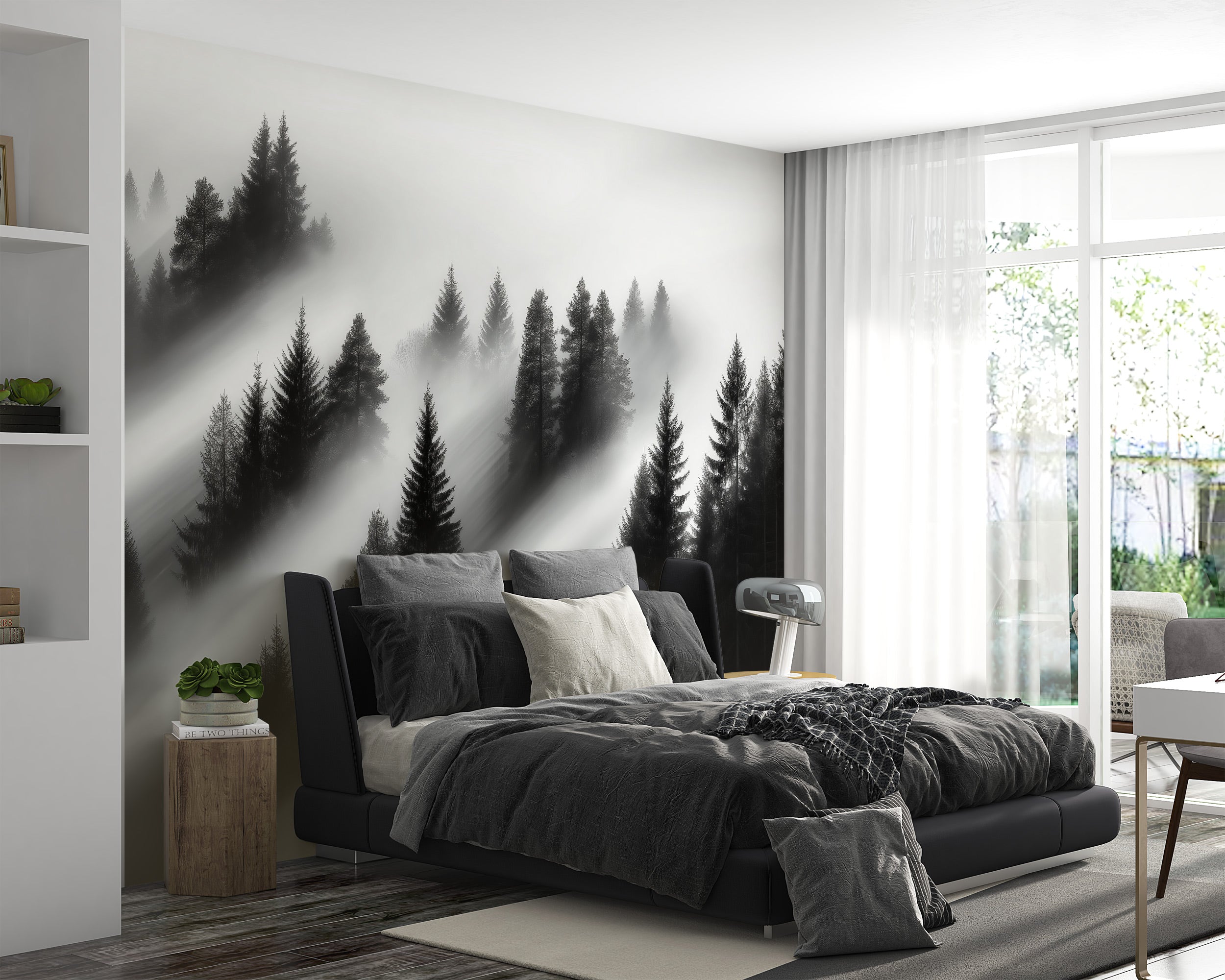 Misty forest mural in a modern bedroom with black and white evergreen trees, soft fog, and sunlit shadows behind a stylish be