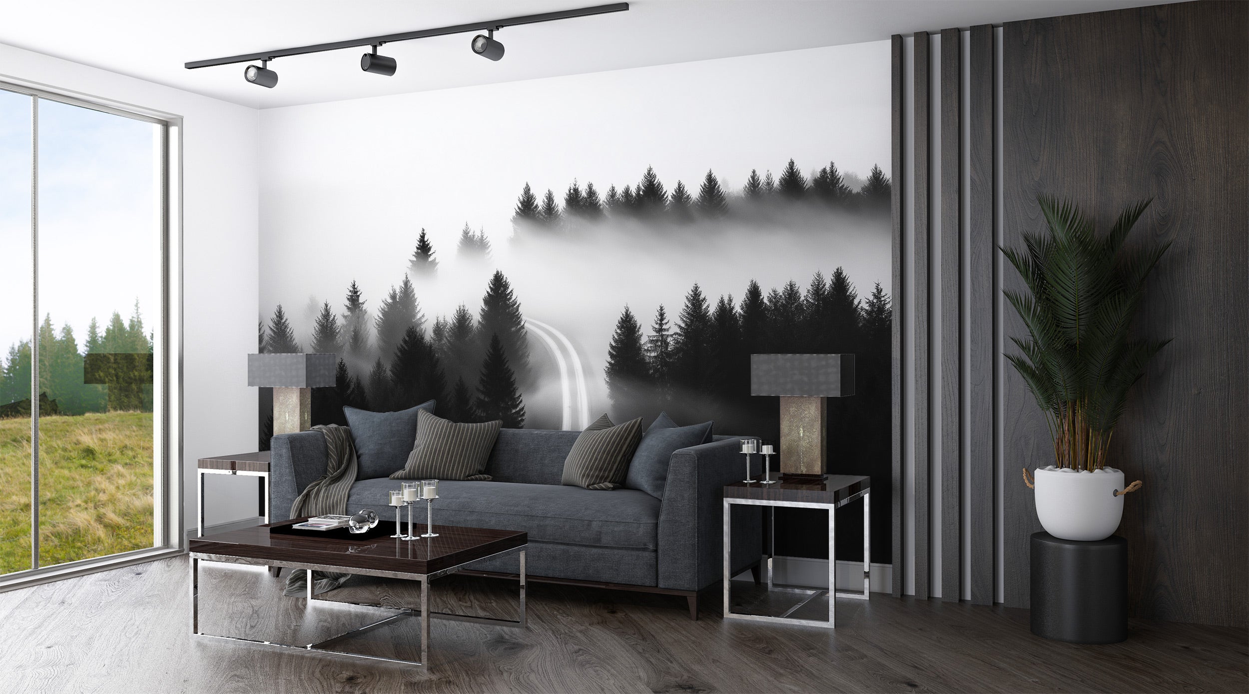 Misty forest road mural in black and white on a living room wall with foggy pines, modern grey sofa, and minimalist decor