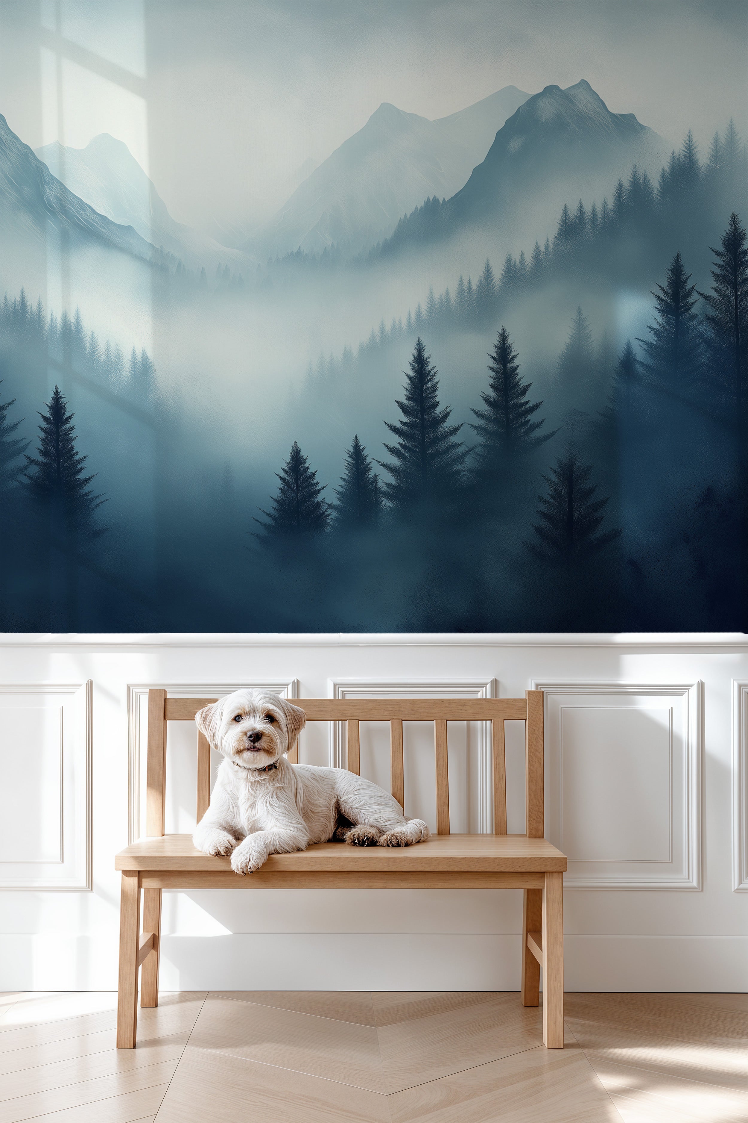 Misty blue gray mountain forest mural with misty peaks and evergreen trees, a tranquil nature wall art in a room with a small
