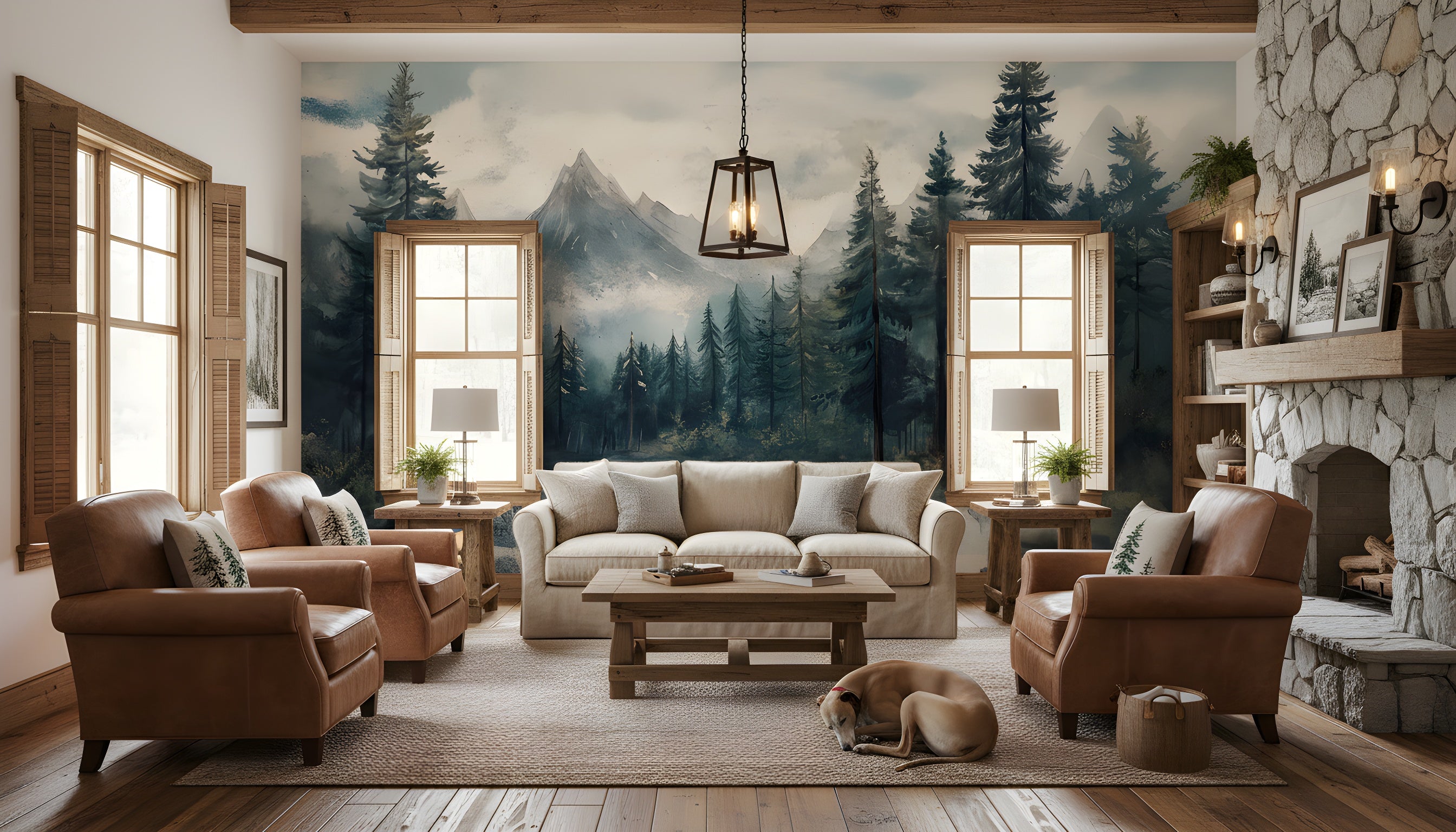 Soft beige sofa and chairs surround a rustic wood coffee table in a cozy living room with a misty mountain forest mural, sheer natural light, and