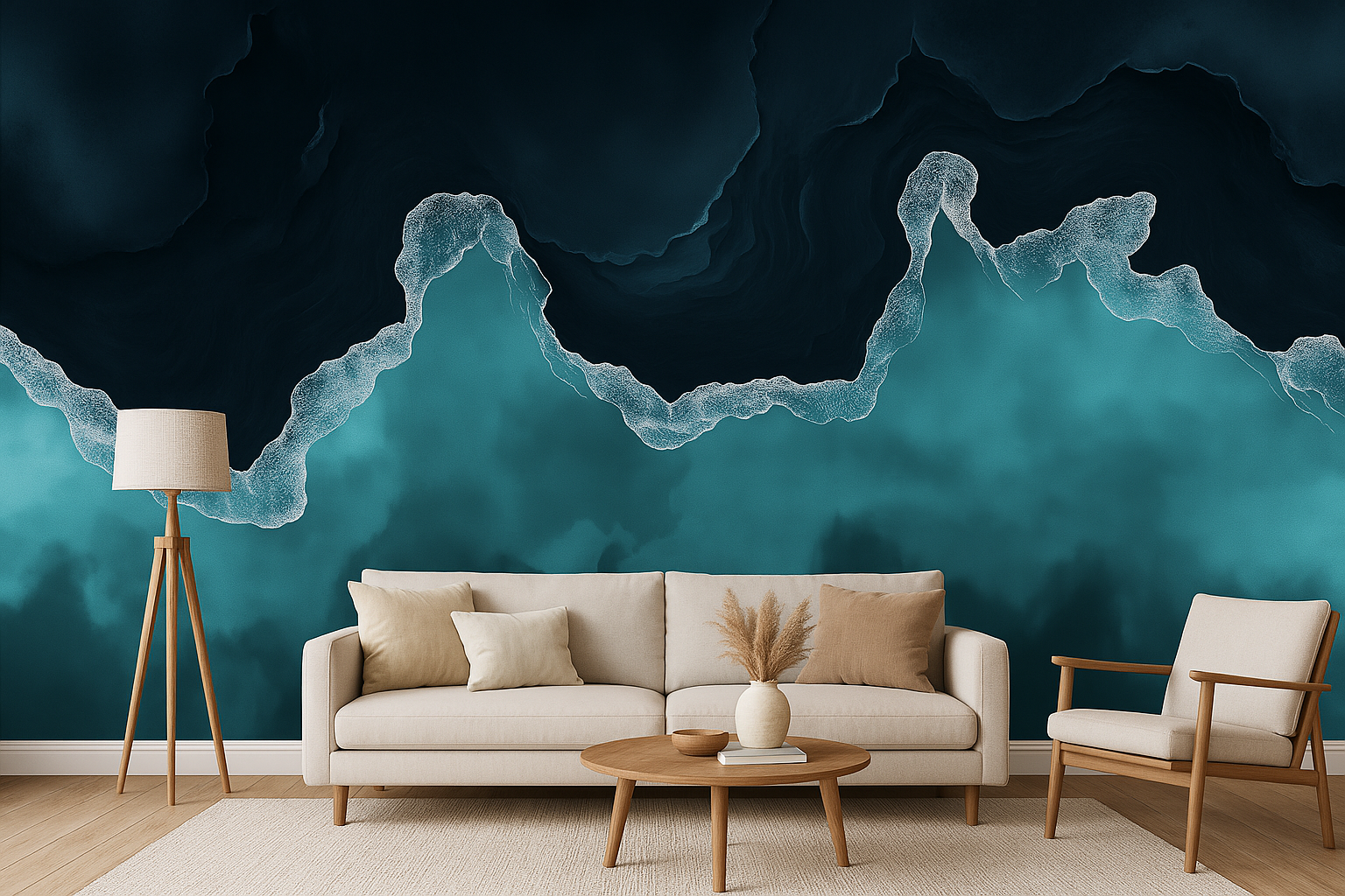 Ocean waves mural in teal and navy with white foam lines across a modern living room backdrop