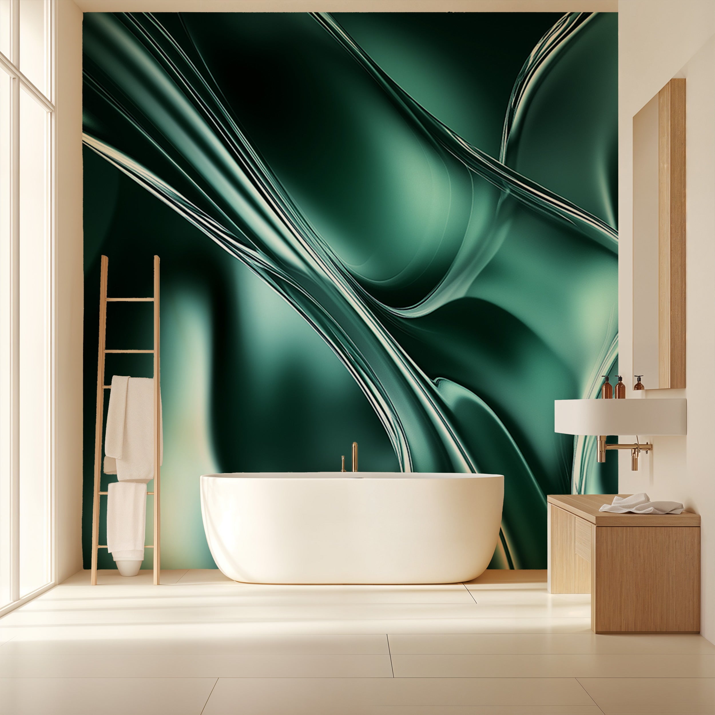 Emerald liquid metal abstract mural in a modern bathroom with a freestanding tub and minimal wood accents