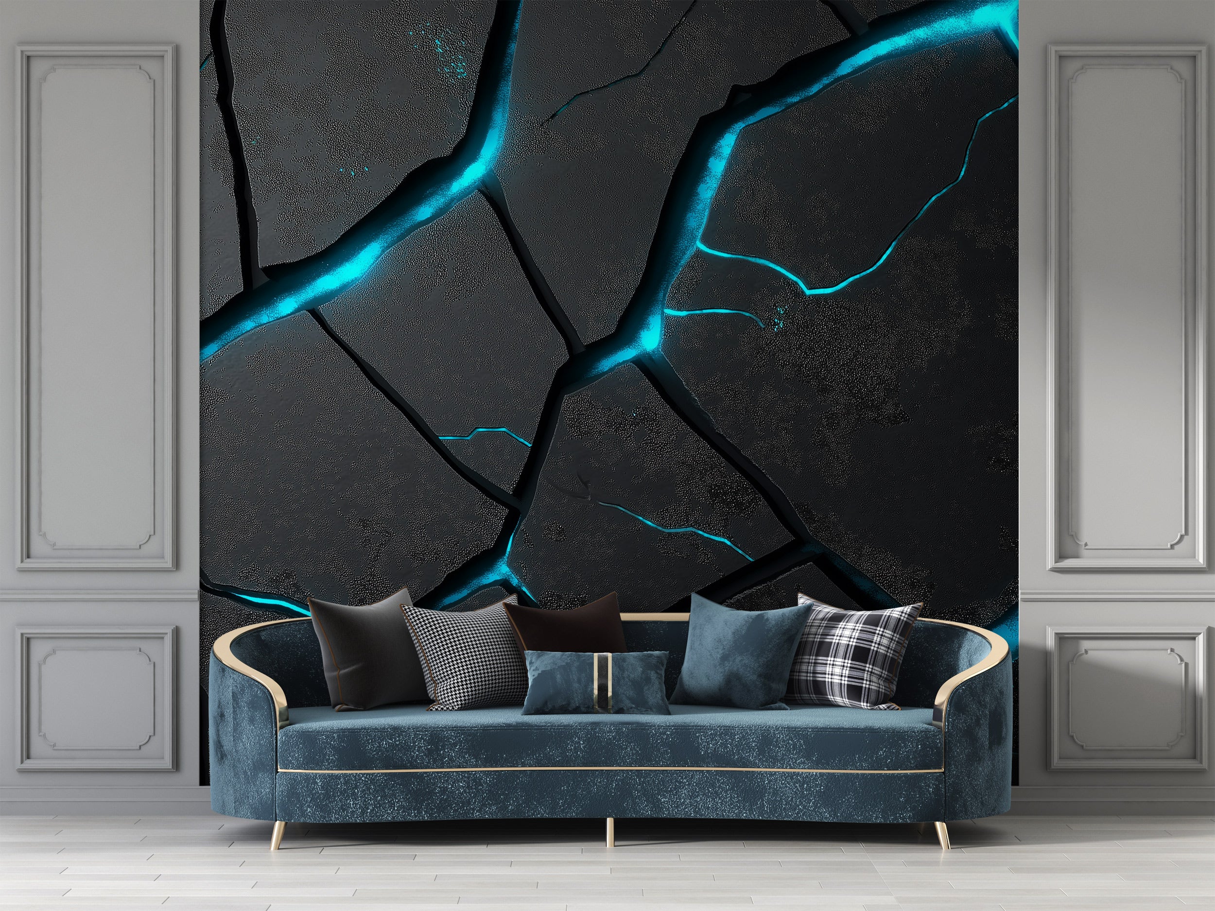 Cracked stone mural with cyan blue illumination in a modern living room featuring a blue velvet sofa and geometric cushions