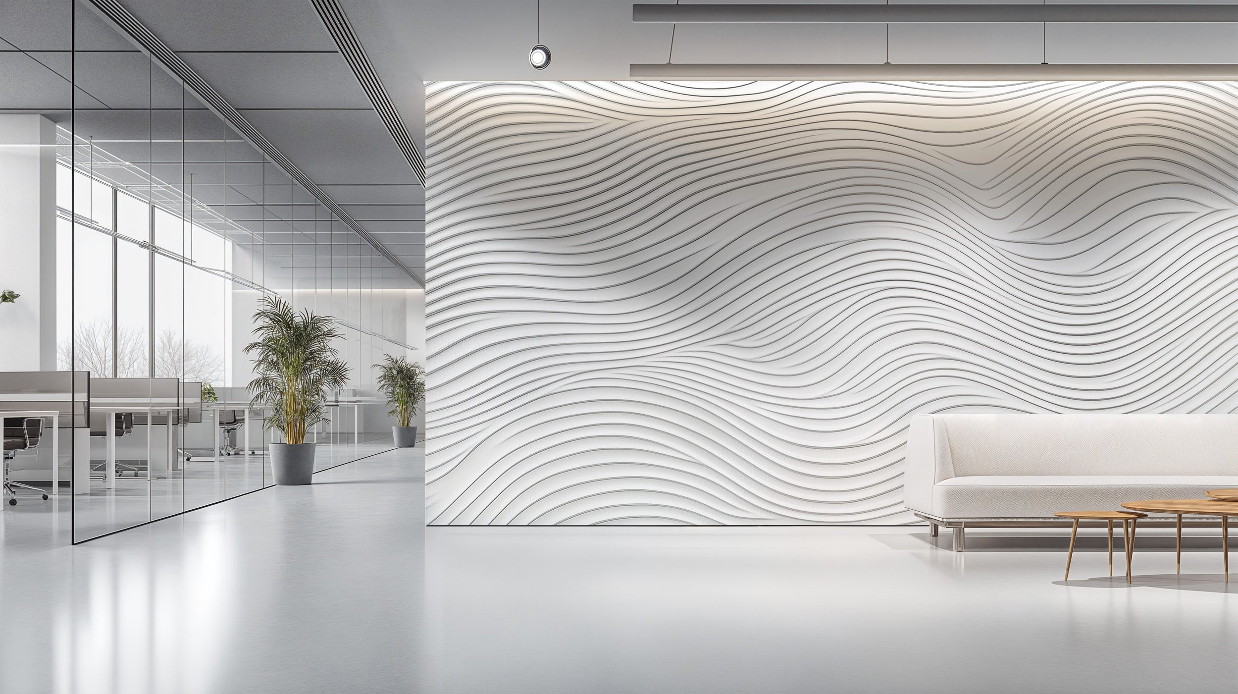 Abstract wave lines mural in a modern white office setting with a neutral sofa and wooden tables, flowing gray architectural