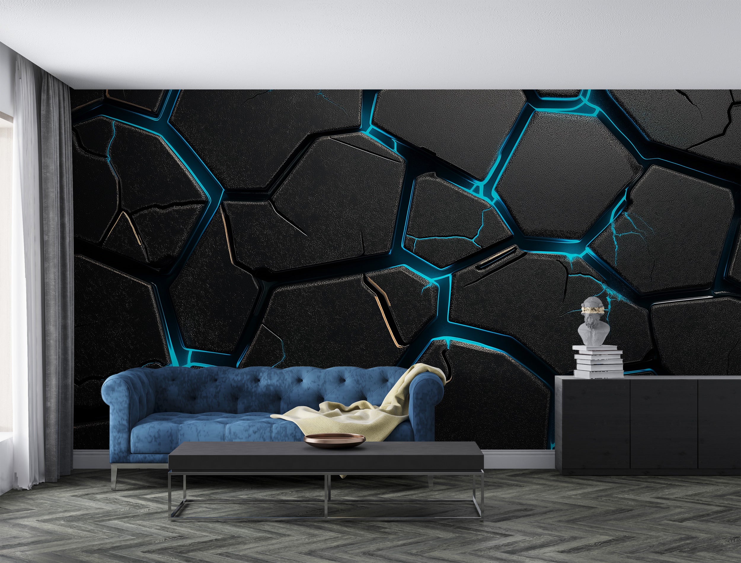 Futuristic hexagon mural with glowing cyan lines on dark panels in a modern living room featuring a blue sofa and minimalist