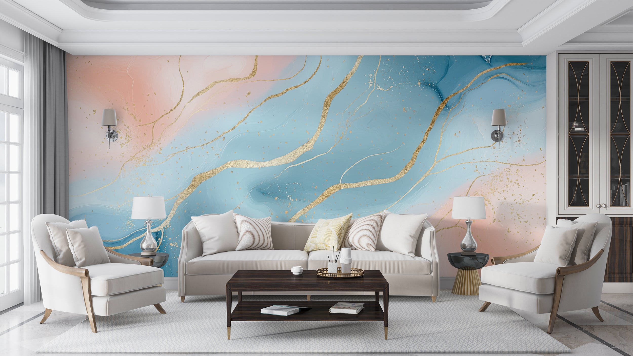 Blue pink abstract mural with gold veining in a stylish living room setting featuring a cream sofa and chairs with gold accen