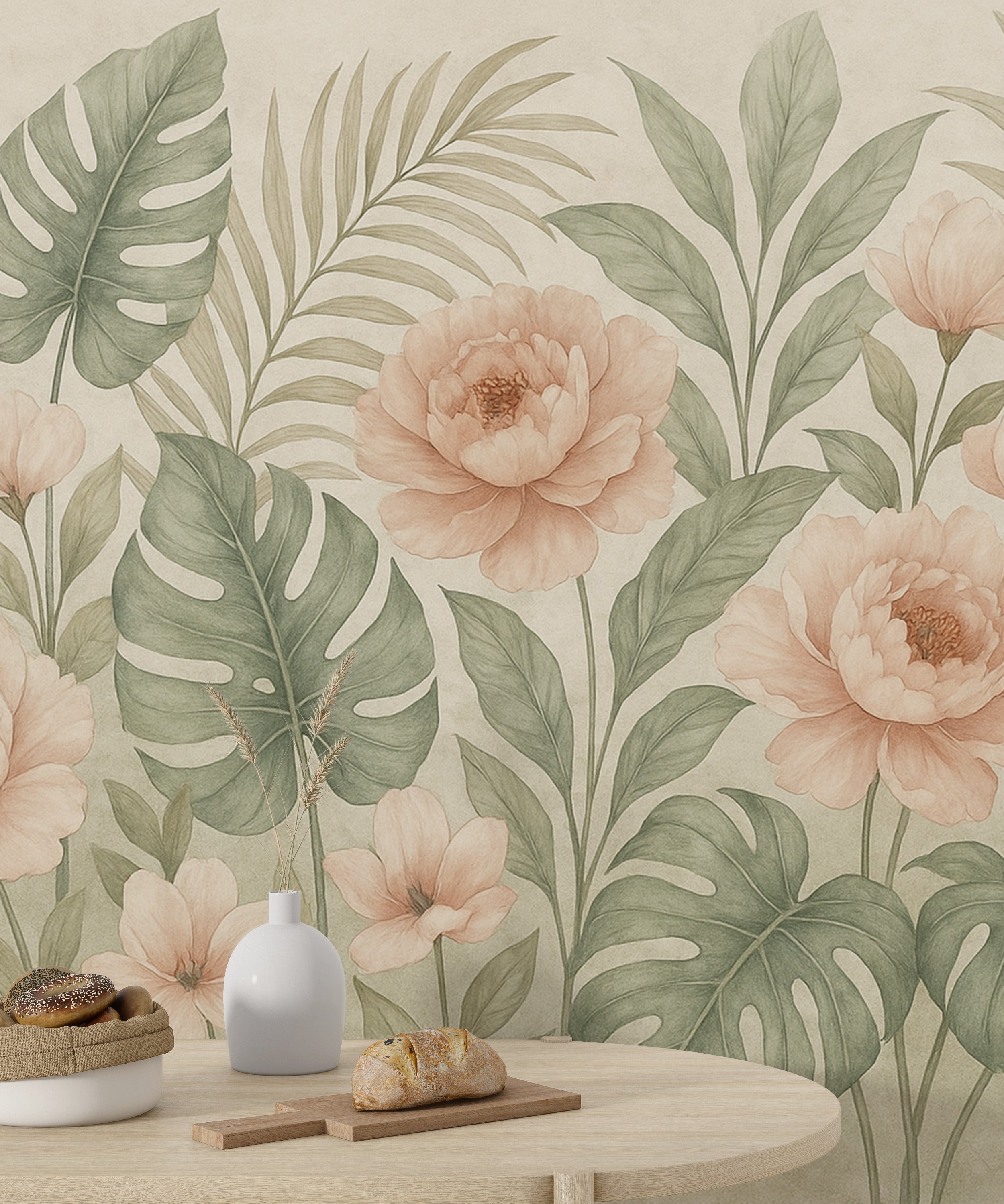 Tropical floral mural in peach peonies and green monstera leaves with watercolor vibe, removable peel and stick wall art in s