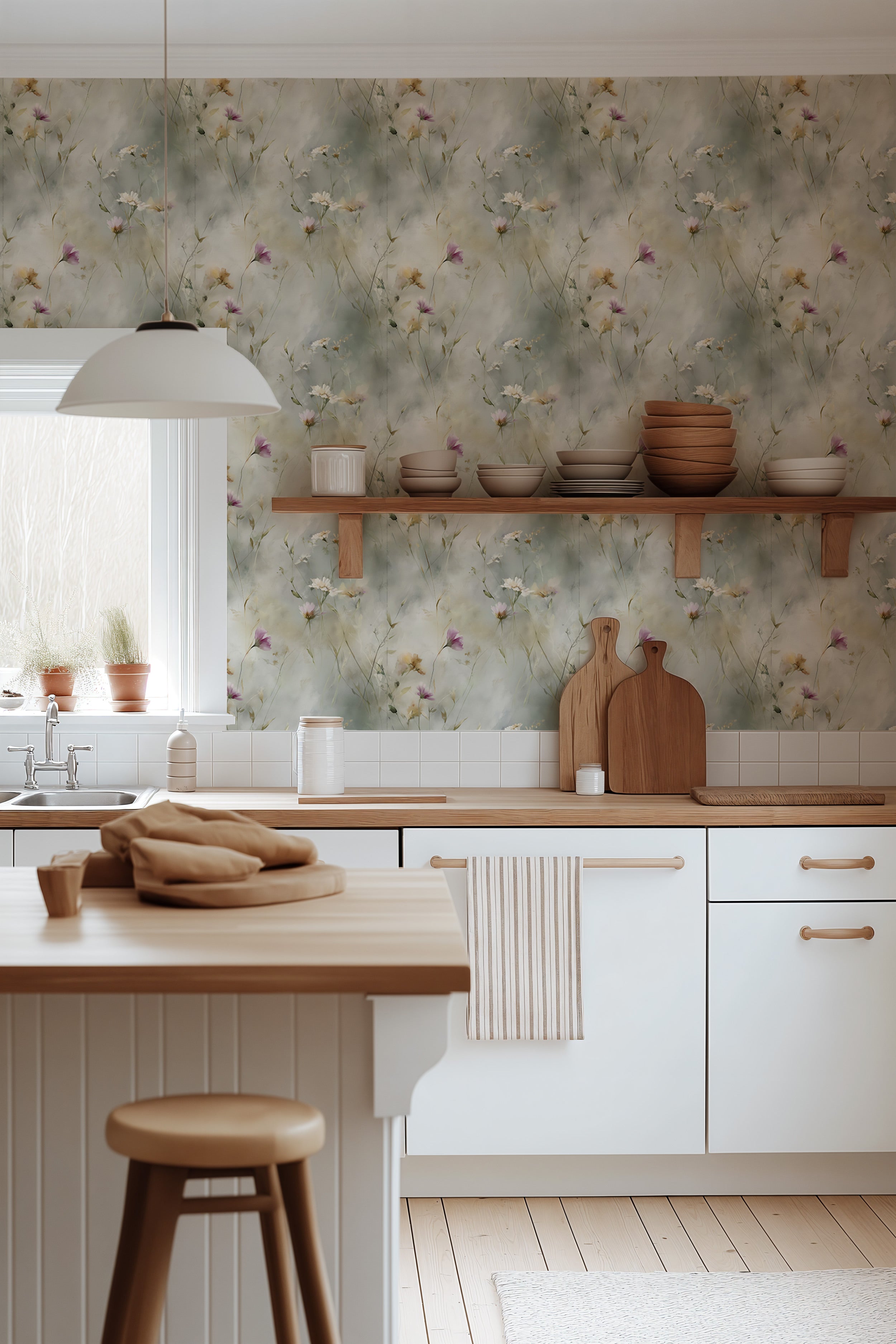 Watercolor wildflower wallpaper with white cosmos and purple blooms in soft neutral kitchen setting, delicate floral mural wi