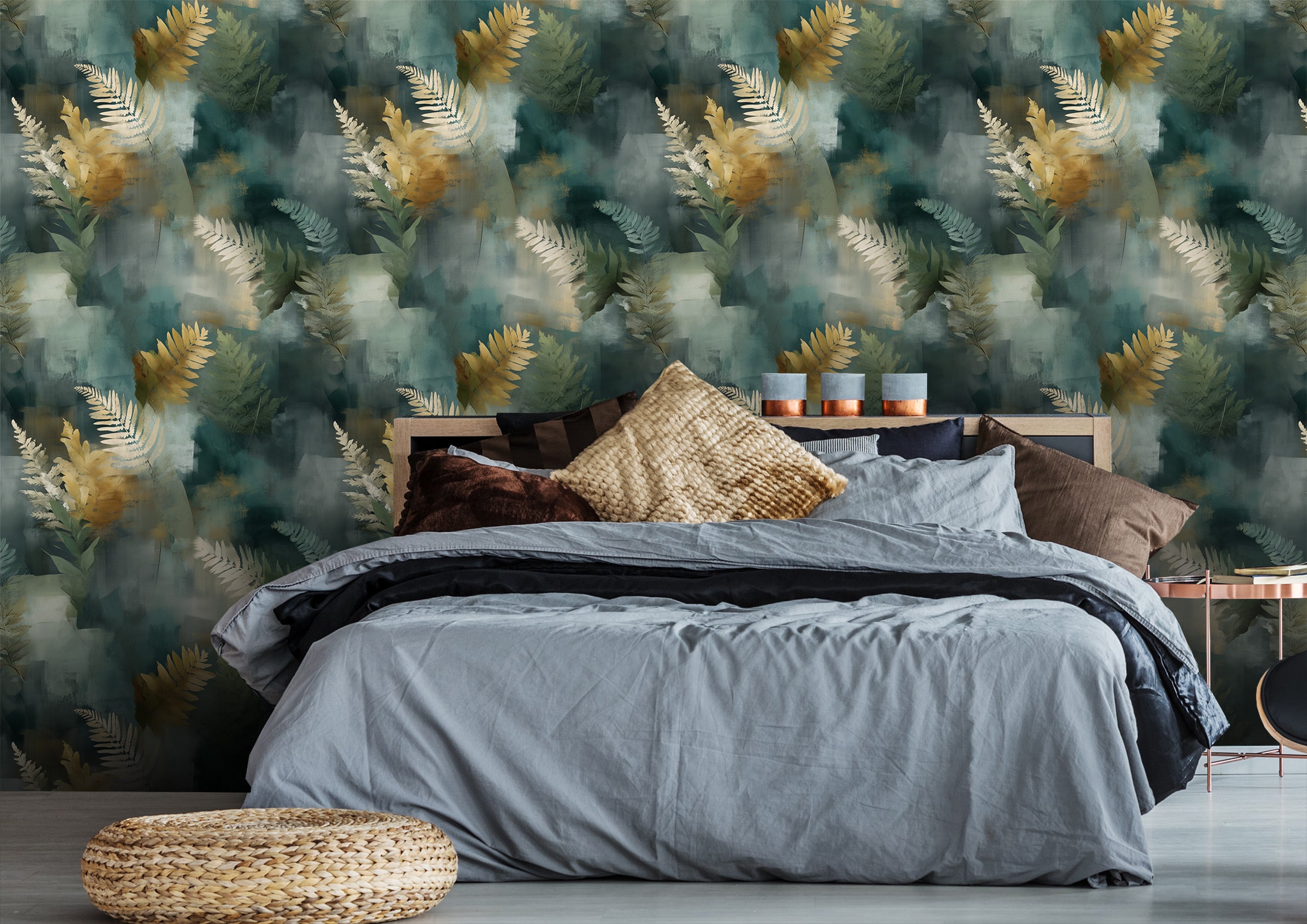 Abstract botanical wallpaper with golden ferns on teal background in a modern bedroom with a low bed and layered gray bedding