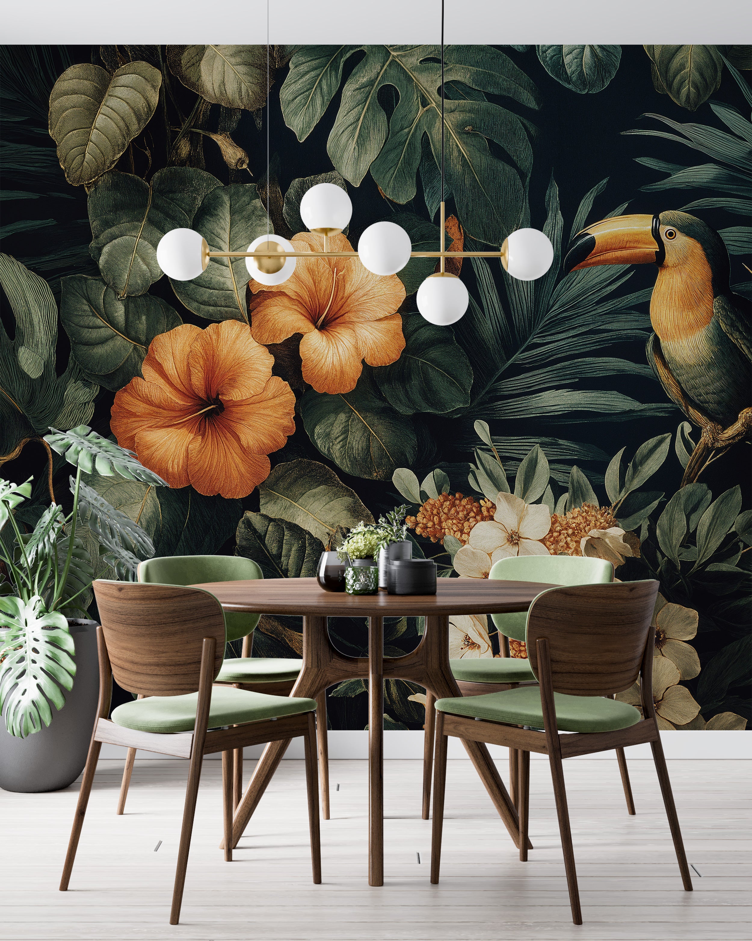 Tropical toucan mural with hibiscus and lush green leaves in a tropical dining room, peel and stick removable wall art with a