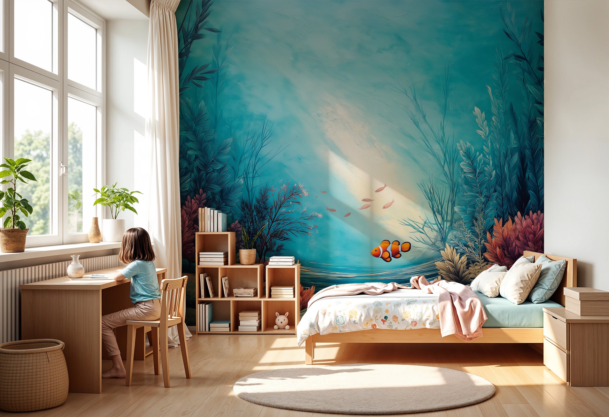 Underwater coral reef mural in a bright bedroom with turquoise hues, clownfish, plants, and cozy wood furniture setting